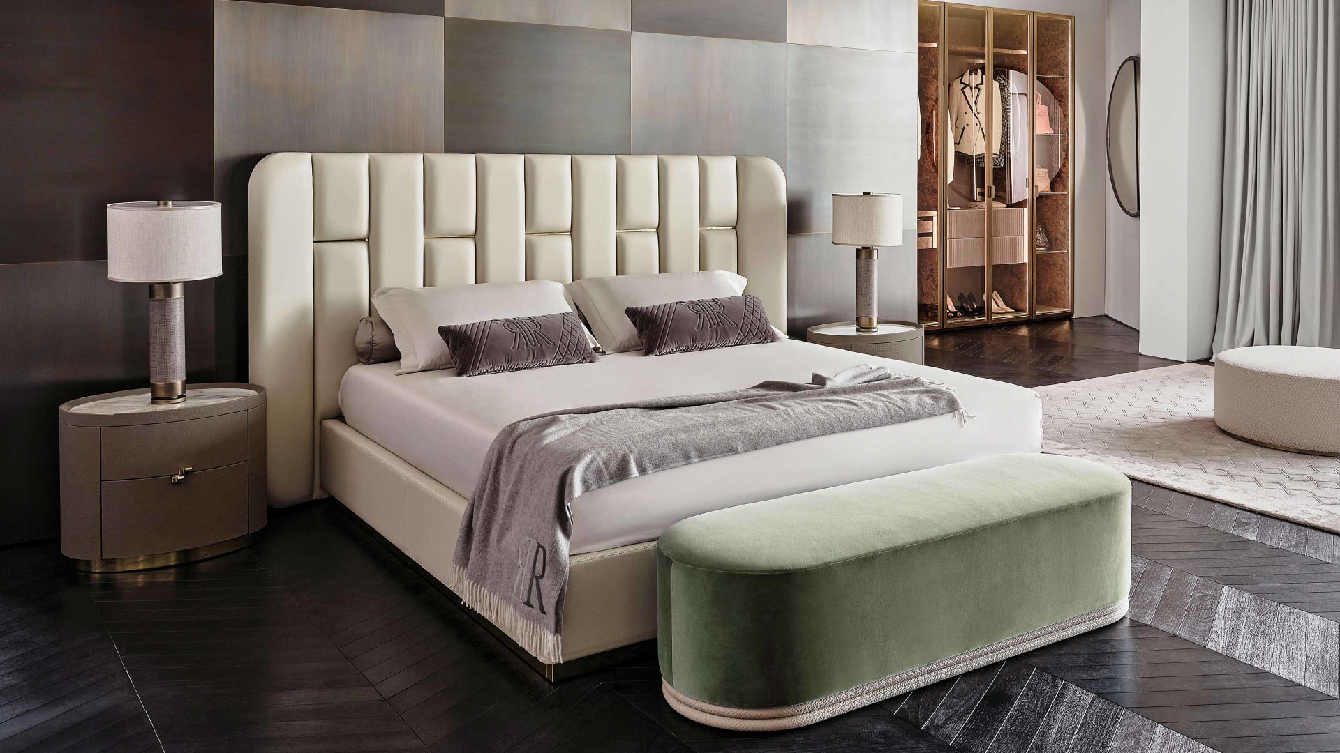 Victoria bed | Rugiano. Luxurious upholstered bed with a distinctive geometric headboard and elegant metal details.