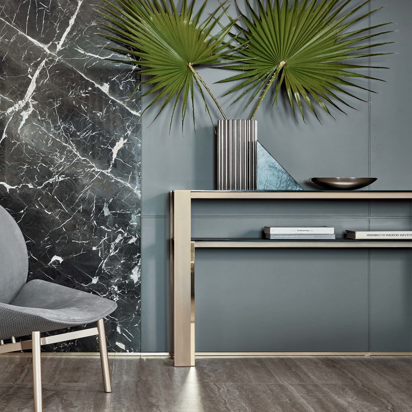 Pure console | Rugiano. Sleek console with clear-cut lines, featuring elegant glass tops and a sophisticated bronze structure.