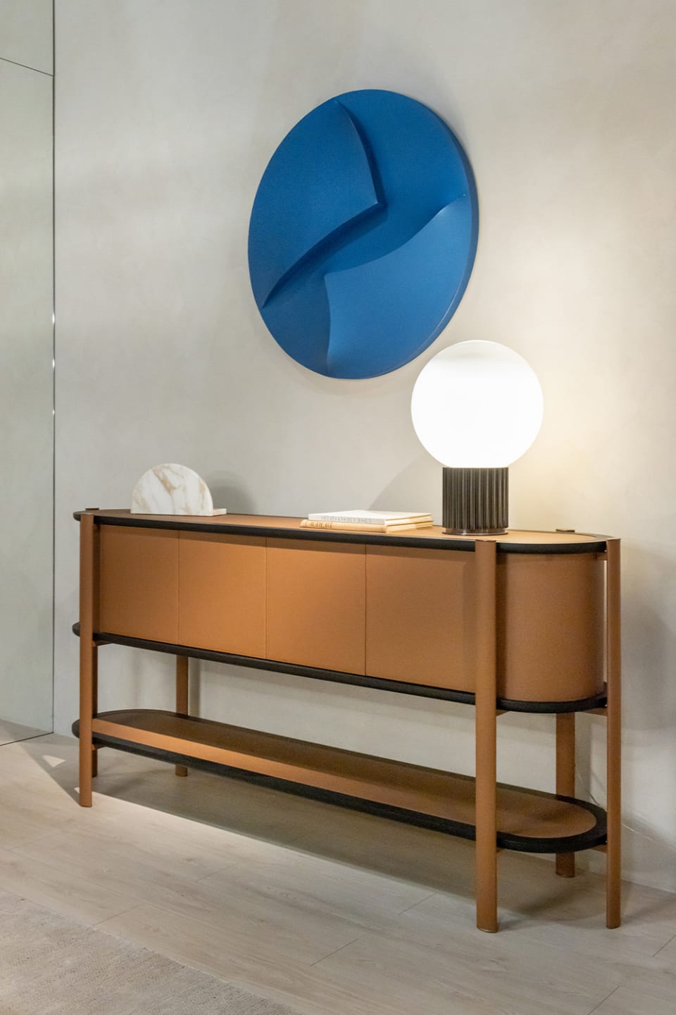 Coquette sideboard | Rugiano. Elegant designer sideboard featuring leather finish and open shelves, embodying sophistication and functionality.