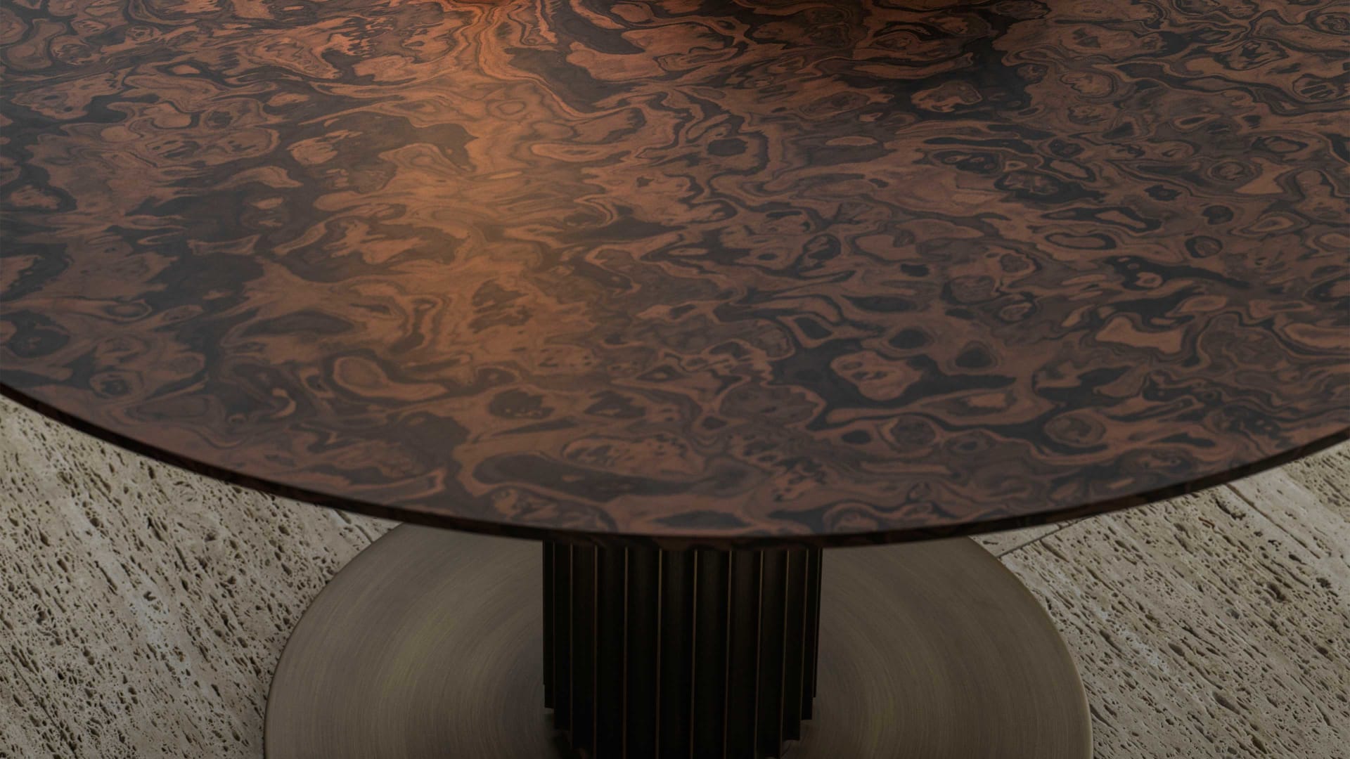 Liberty Lounge Bistrot table | Rugiano. An elegant bistrot table featuring a distinctive column-like bronze aluminum base and a luxurious marble or hand-painted top.