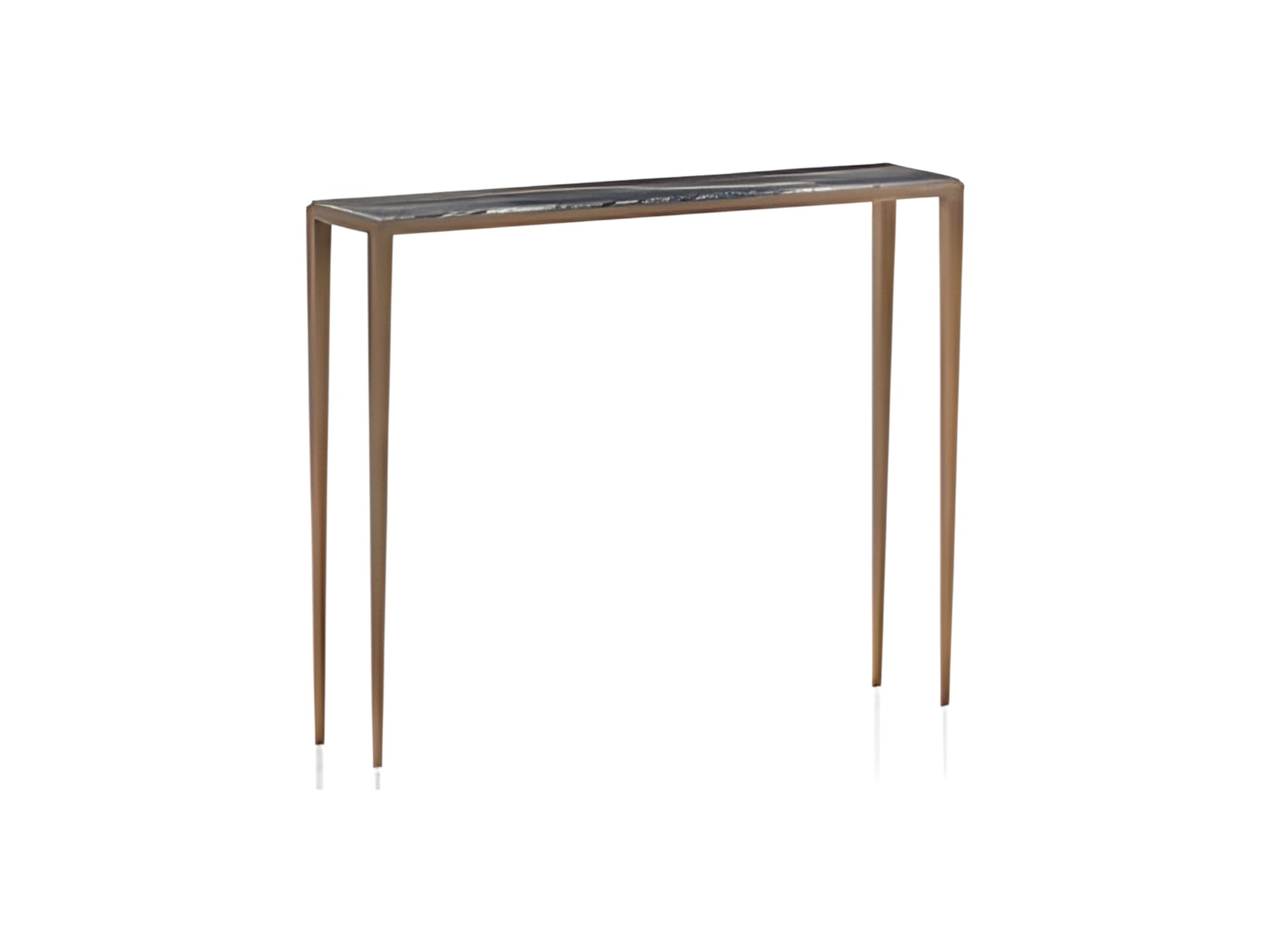 Dorotea console | Rugiano. Minimalist console with hammered bronze and marble tops, available in two sizes.