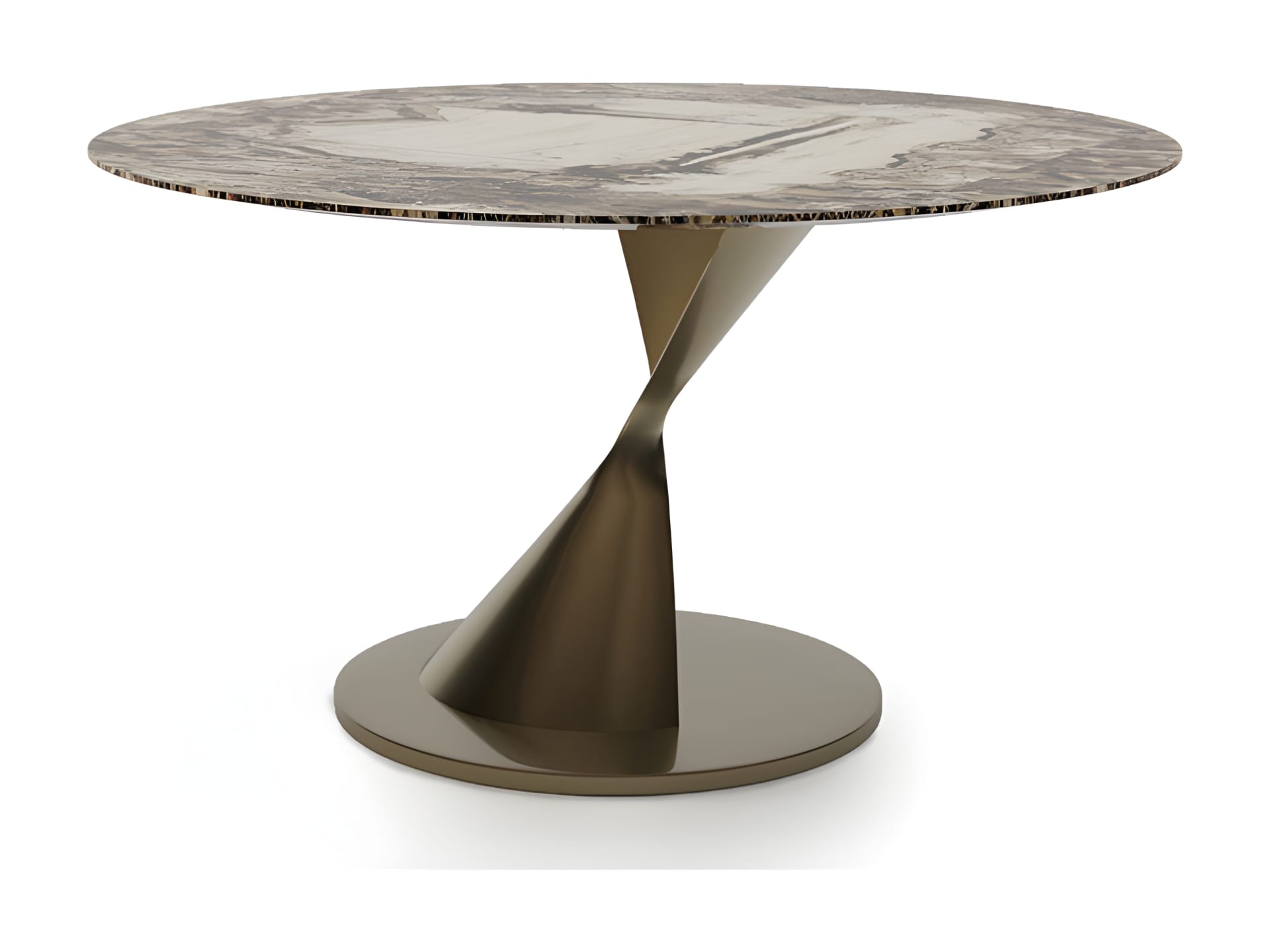Zoe table | Rugiano. Elegant, sculptural dining table with a bronze base and customizable top options.