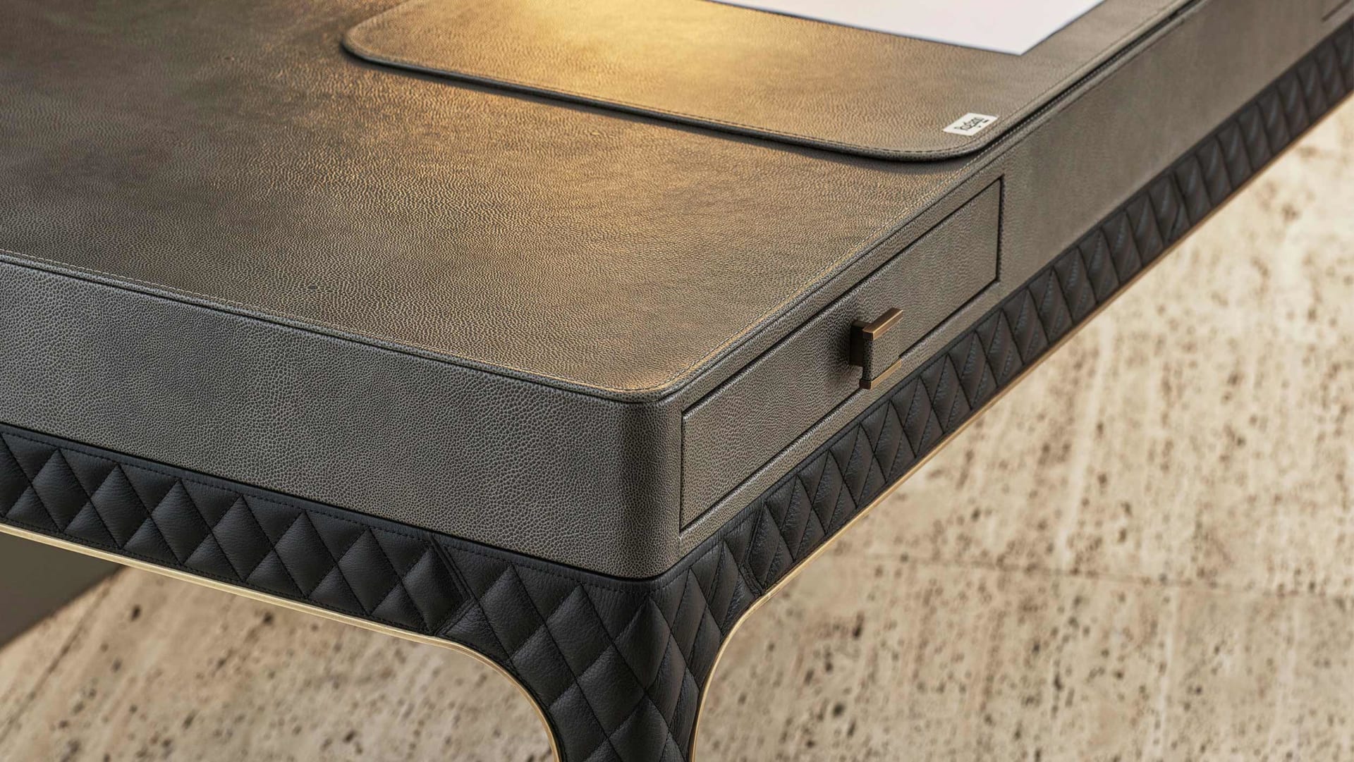 Coline writing desk | Rugiano. Elegant desk with two comfortable drawers and intricate embroidered details.