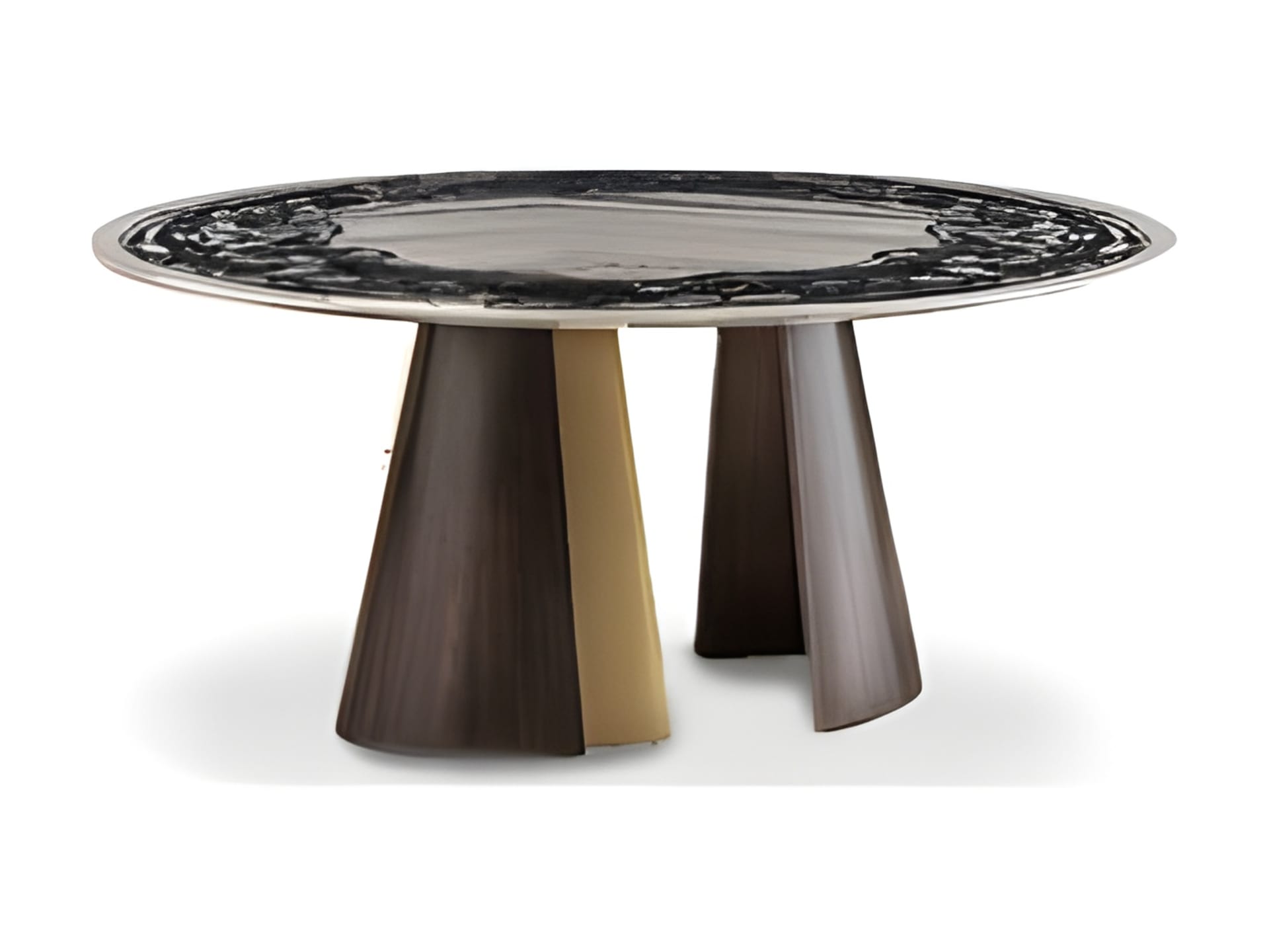 Absolute Round table | Rugiano. A striking dining table with a sculpturesque base, featuring contrasting metal finishes and a choice of exquisite wood or marble tops.