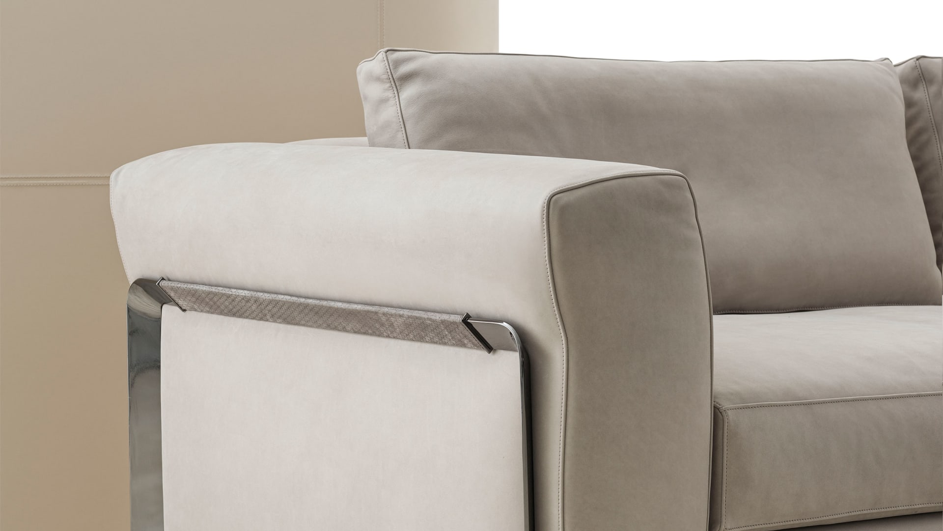 Arthur chaise longue | Rugiano. Modular upholstered sofa with elegant leather detailing and metal base, offering versatile configurations for luxurious comfort.