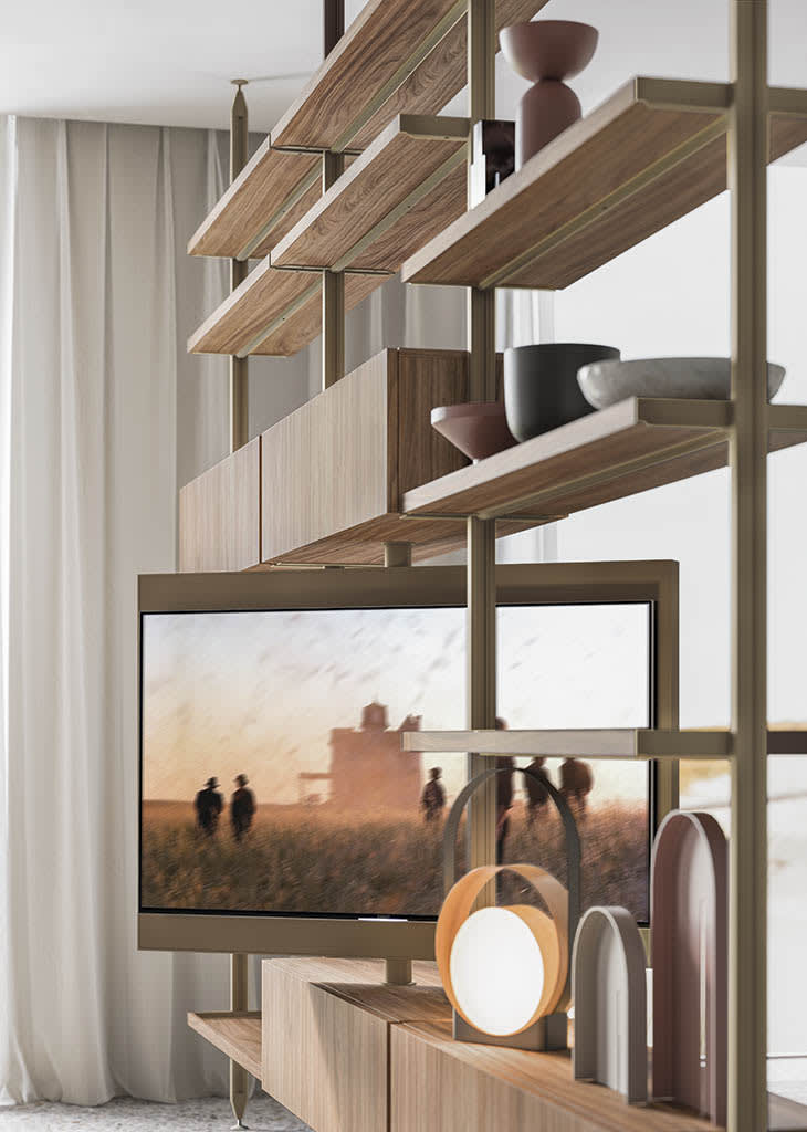 Antis bookcase | ALF Dafre. Modular living area system with adjustable elements and unique, hole-free aluminum uprights for versatile configuration.