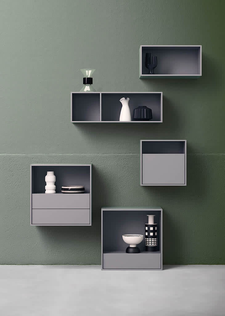 Domino shelving unit | ALF Dafre. Flexible modular system for creating custom wall-mounted compositions with open compartments, doors, and drawers.