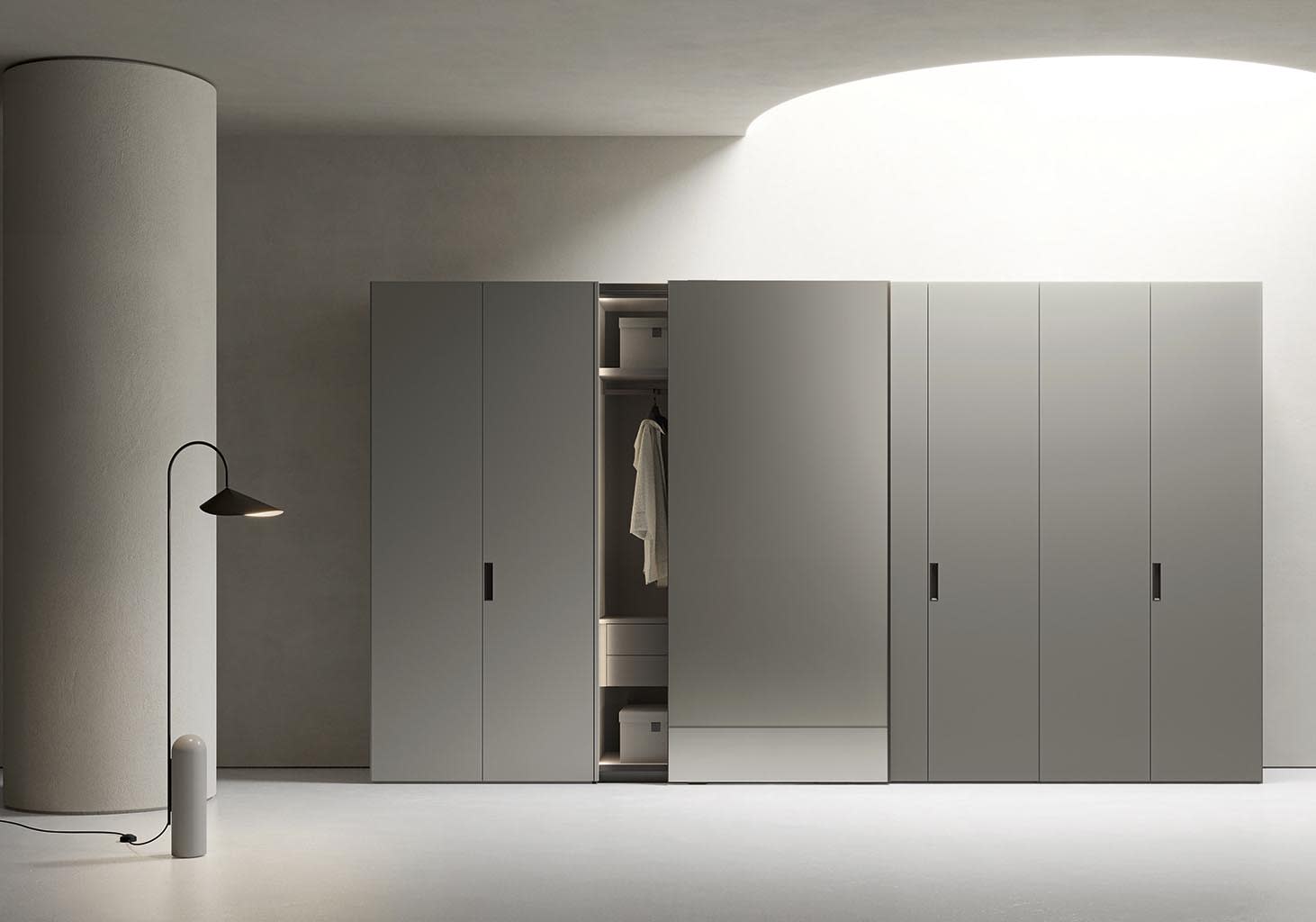 Costanza storage wall | ALF Dafre. Elegant sliding door with minimalist design for modern zoning and storage systems.