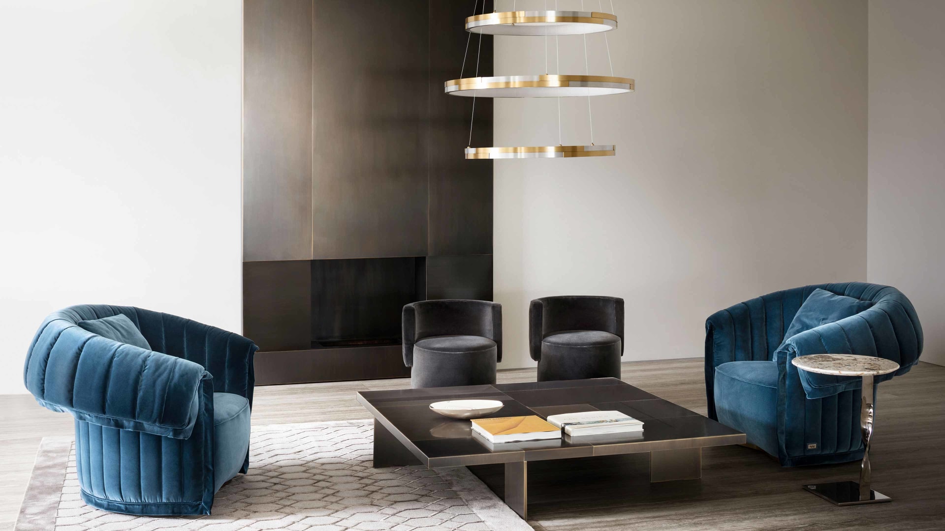 Trilogy pendant lamp | Rugiano. Modular pendant lamp in brushed aluminum or brass, creating unique lighting compositions.