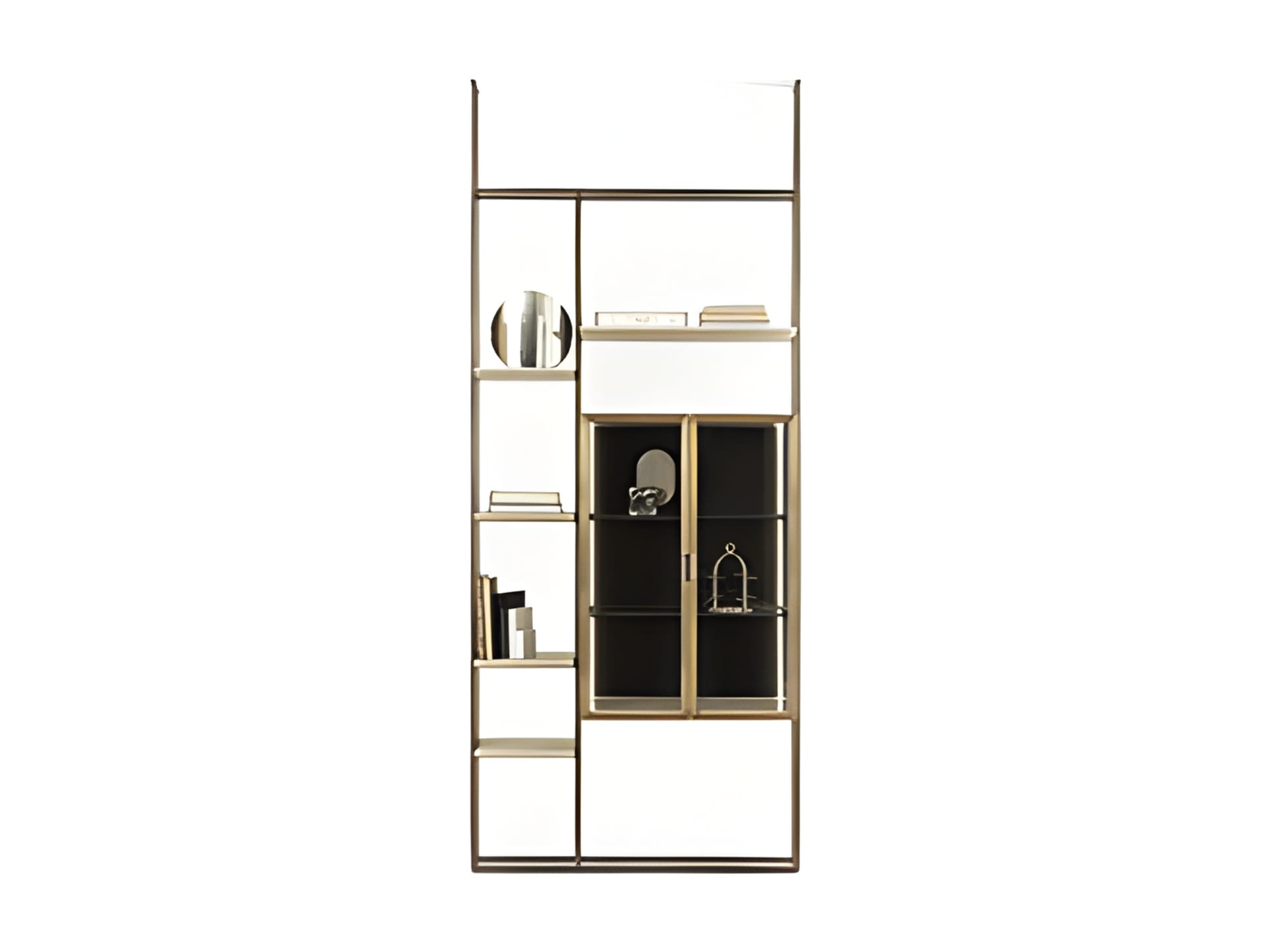 Frame Glass bookcase | Rugiano. Sophisticated modular shelving system with a sleek metal frame, offering luxurious marble or leather shelves and versatile storage options.