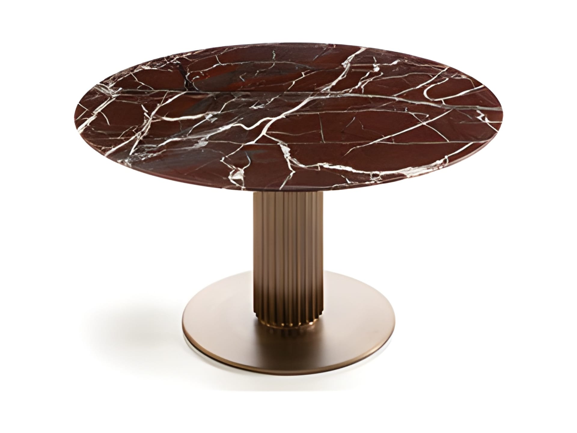 Liberty Lounge Bistrot table | Rugiano. An elegant bistrot table featuring a distinctive column-like bronze aluminum base and a luxurious marble or hand-painted top.