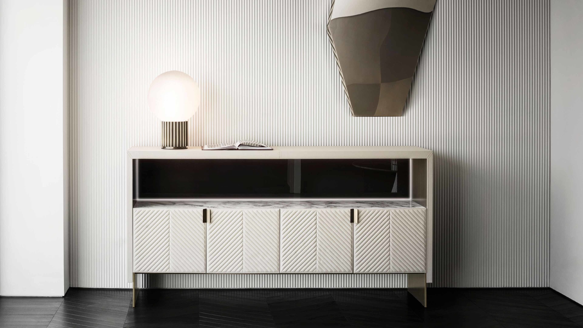 Iolanda sideboard | Rugiano. Luxurious sideboard with leather upholstery, marble top with backlighting, and elegant bronze details.