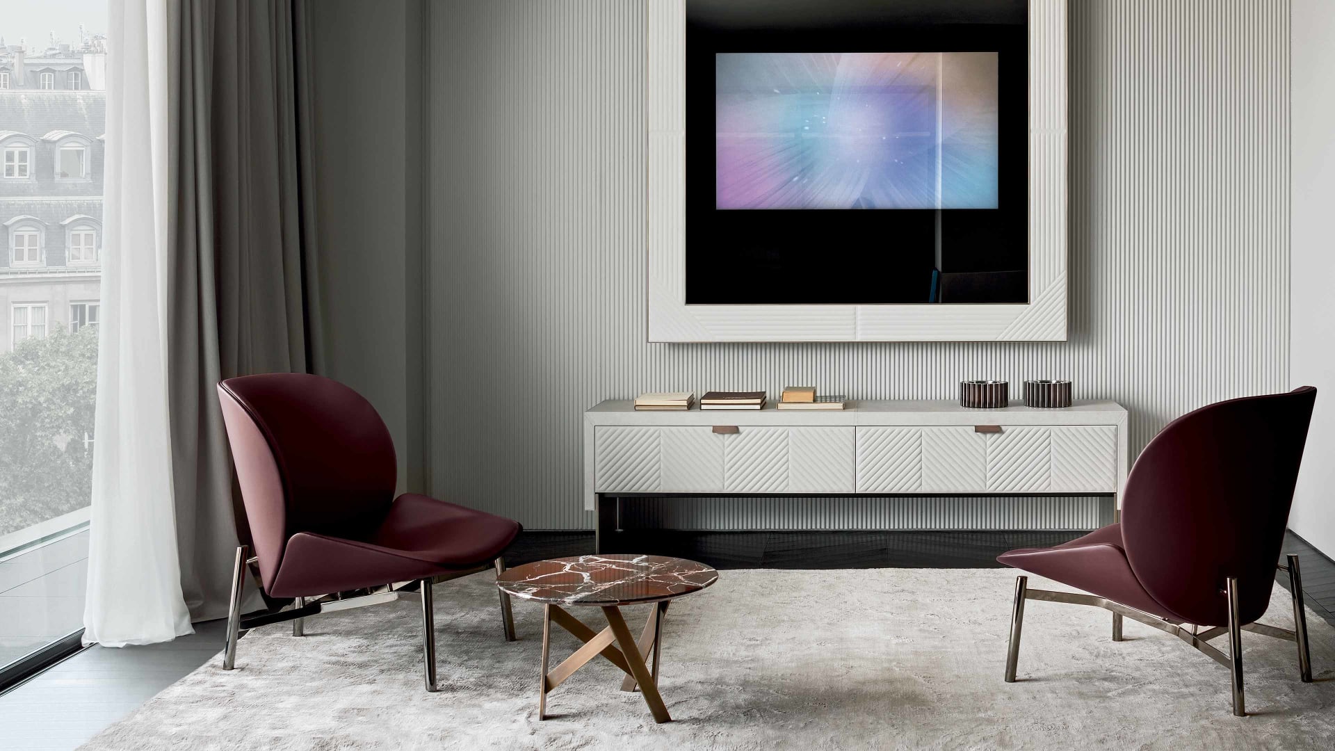 Iolanda Low sideboard | Rugiano. Luxurious TV cabinet/sideboard with leather upholstery, exquisite bronze accents, and an illuminated marble top.