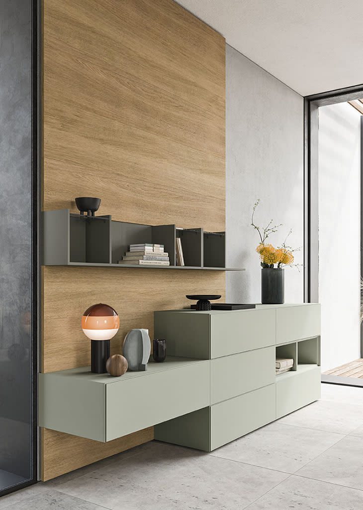 Fil bedside table | ALF Dafre. Modular storage units with minimalist design, versatile mounting, and dual opening mechanisms.