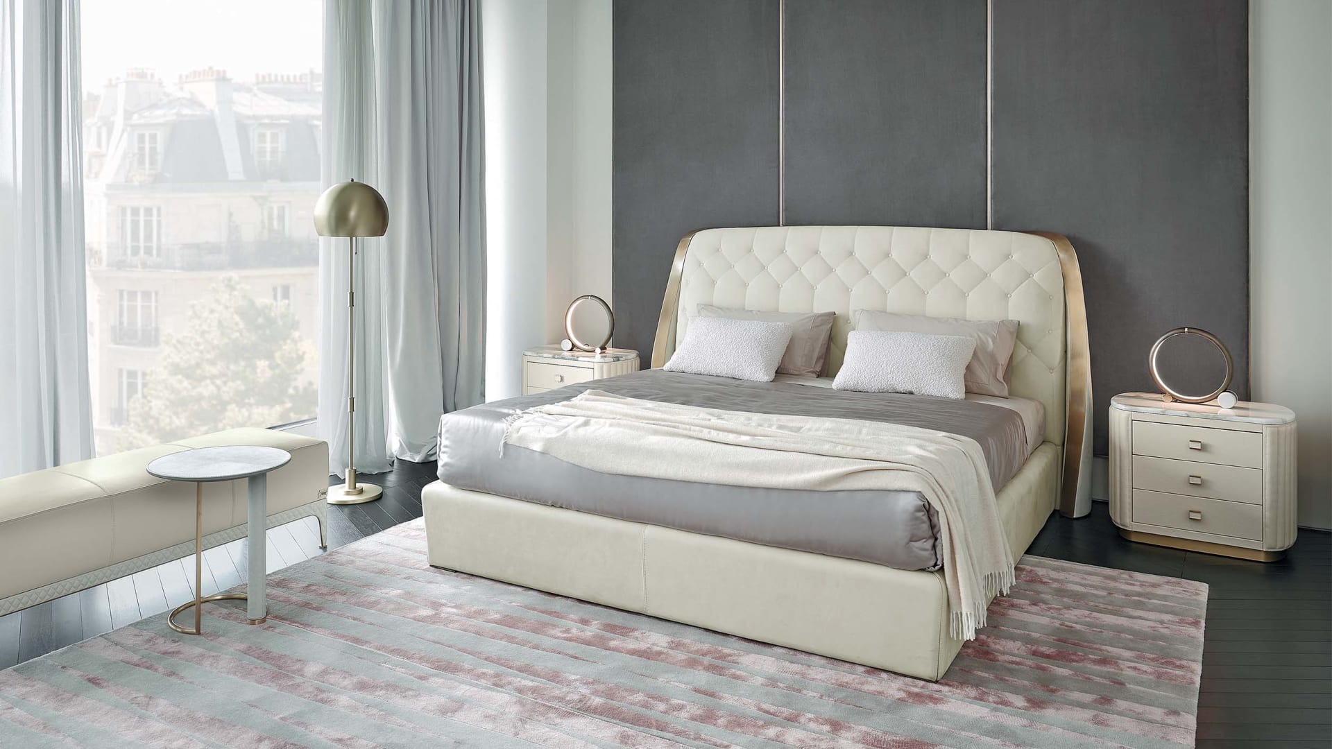 Damasse bed | Rugiano. Luxurious upholstered bed with a distinctive geometric headboard and sturdy metal frame.