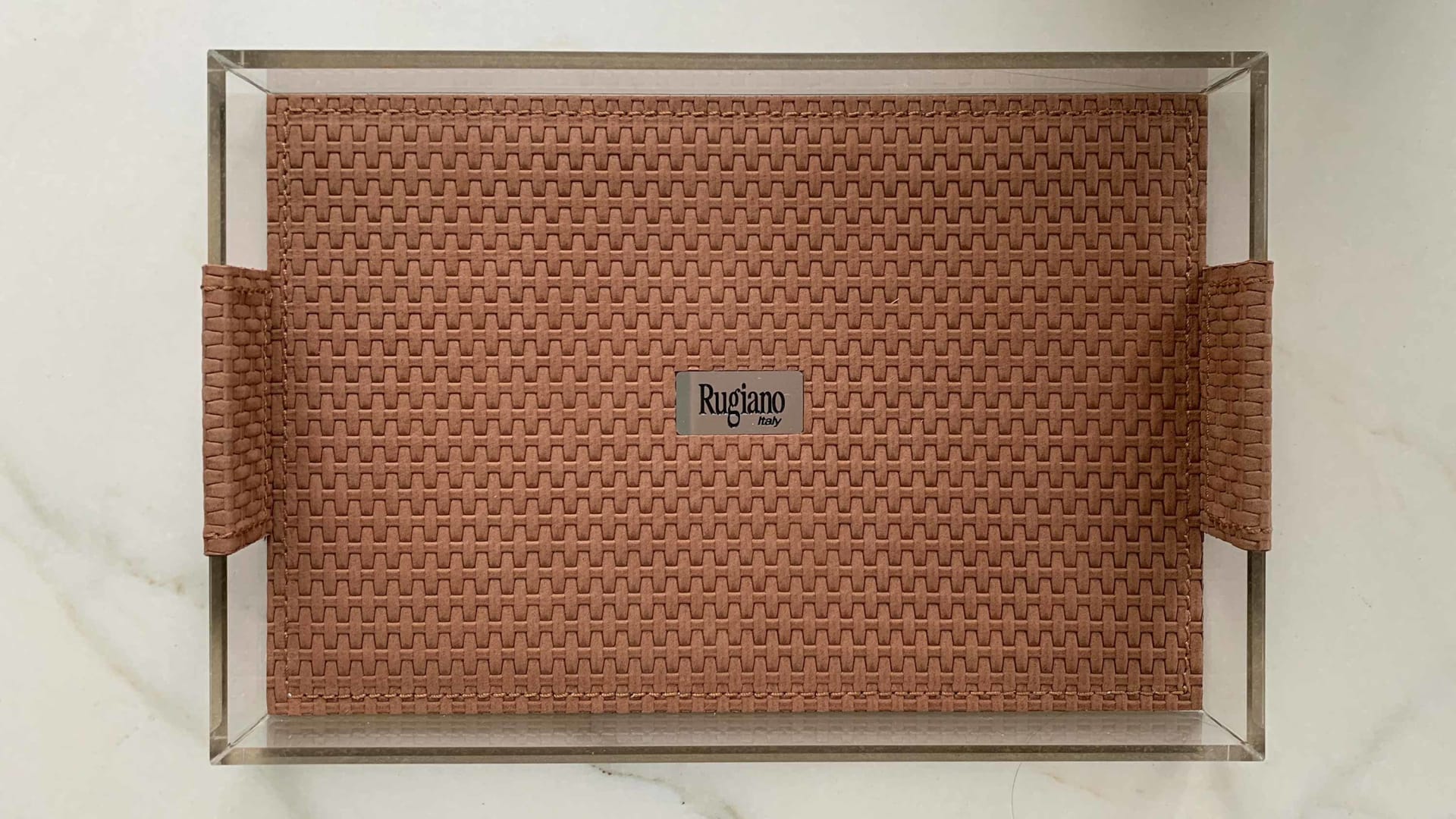 Plexi decorative object | Rugiano. Exquisite acrylic tray with woven leather insert and geometric pattern.