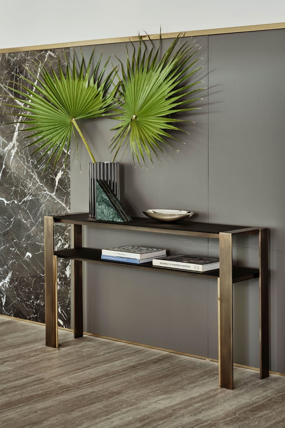 Pure console | Rugiano. Sleek console with clear-cut lines, featuring elegant glass tops and a sophisticated bronze structure.
