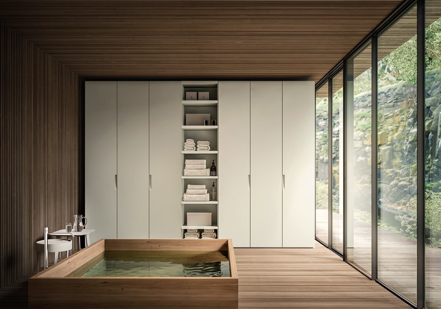 Sliver wardrobe | ALF Dafre. Designer swinging door wardrobe with integrated handle and seamless monolithic facade, perfect for modern interiors.