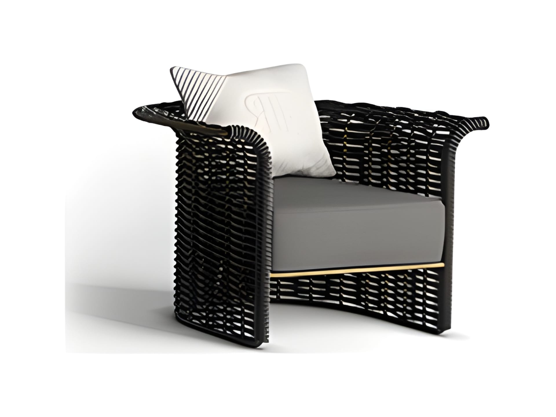 Marina In armchair | Rugiano. Elegant armchair with a varnished metal structure and unique hand-braided velvet rope, creating captivating light and shadow play.