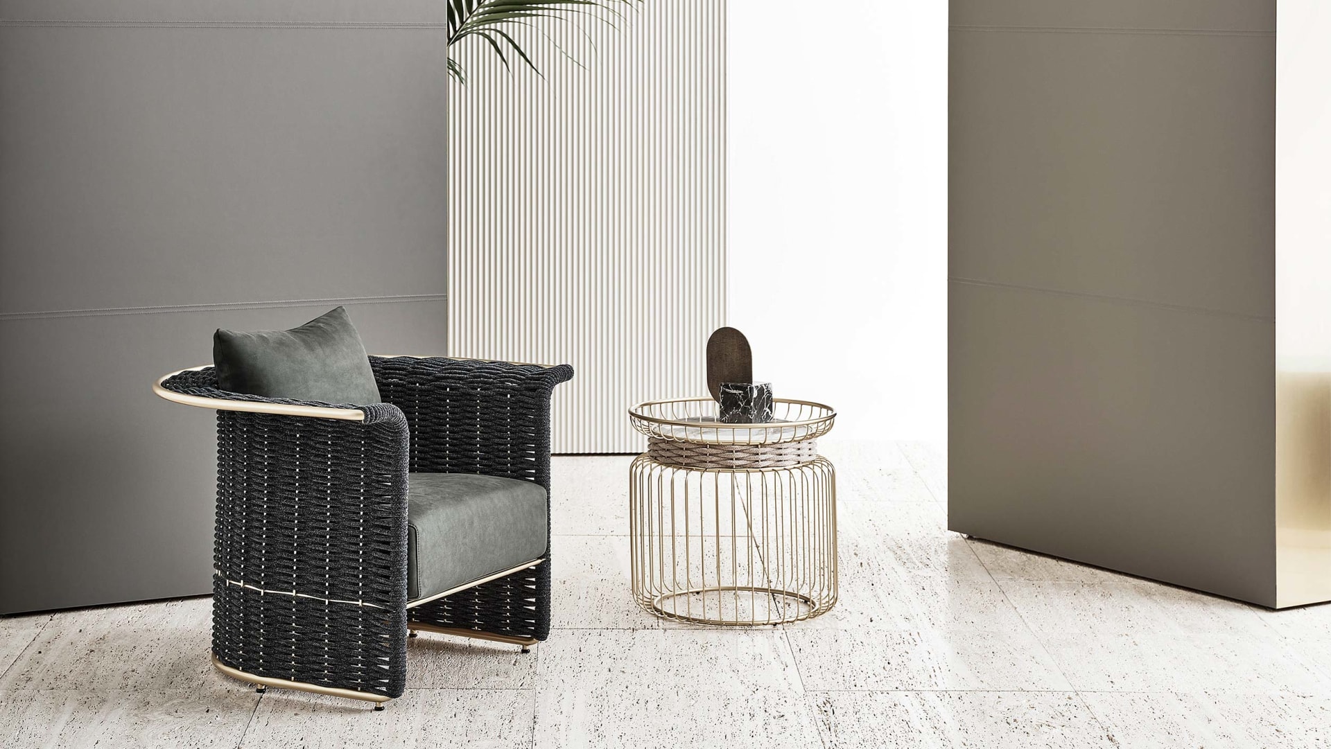 Marina In armchair | Rugiano. Elegant armchair with a varnished metal structure and unique hand-braided velvet rope, creating captivating light and shadow play.