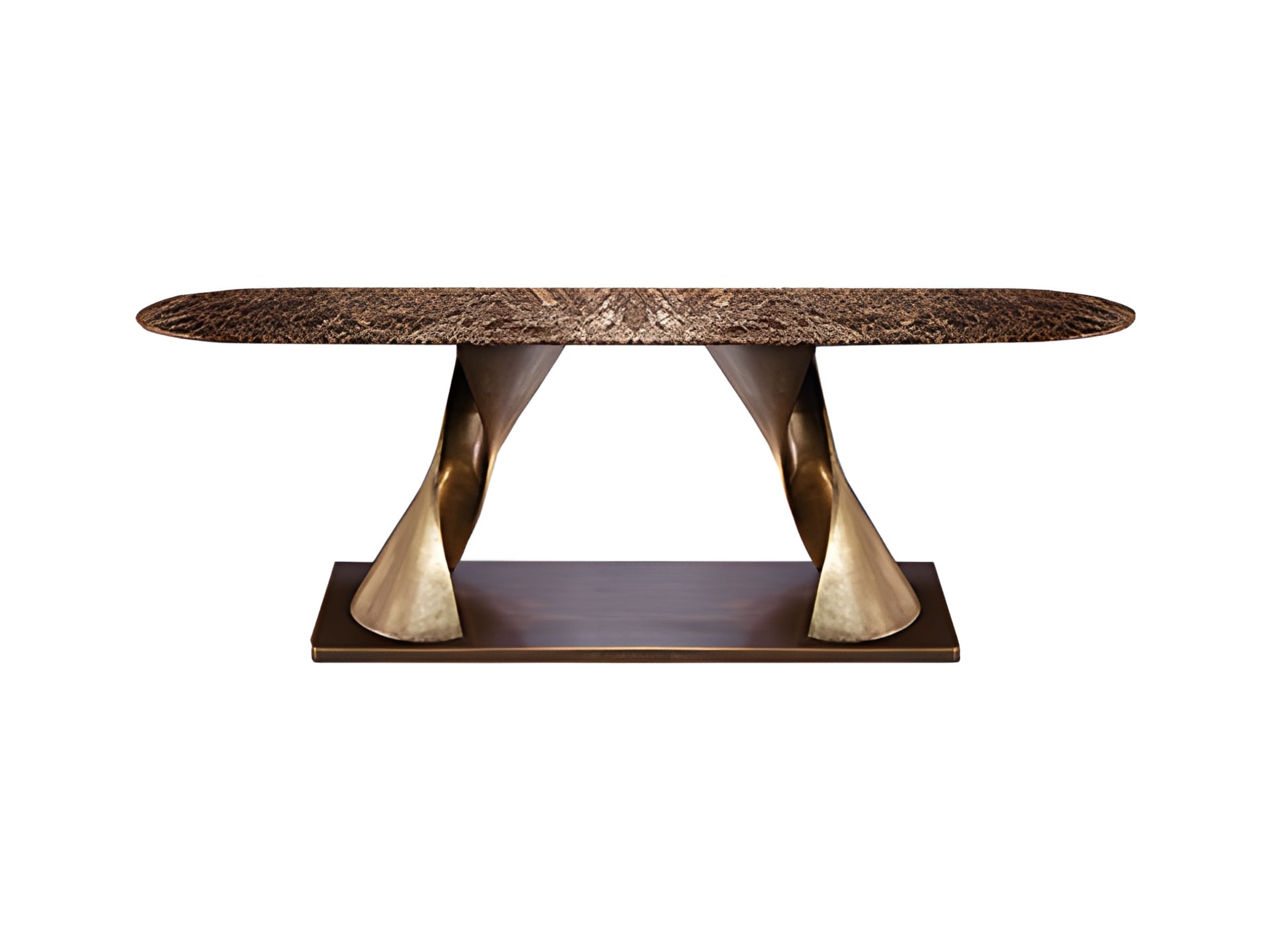 Rea console | Rugiano. Sculptural console featuring a unique bronze fusion base and an elegant oblong oval top in various luxurious finishes.