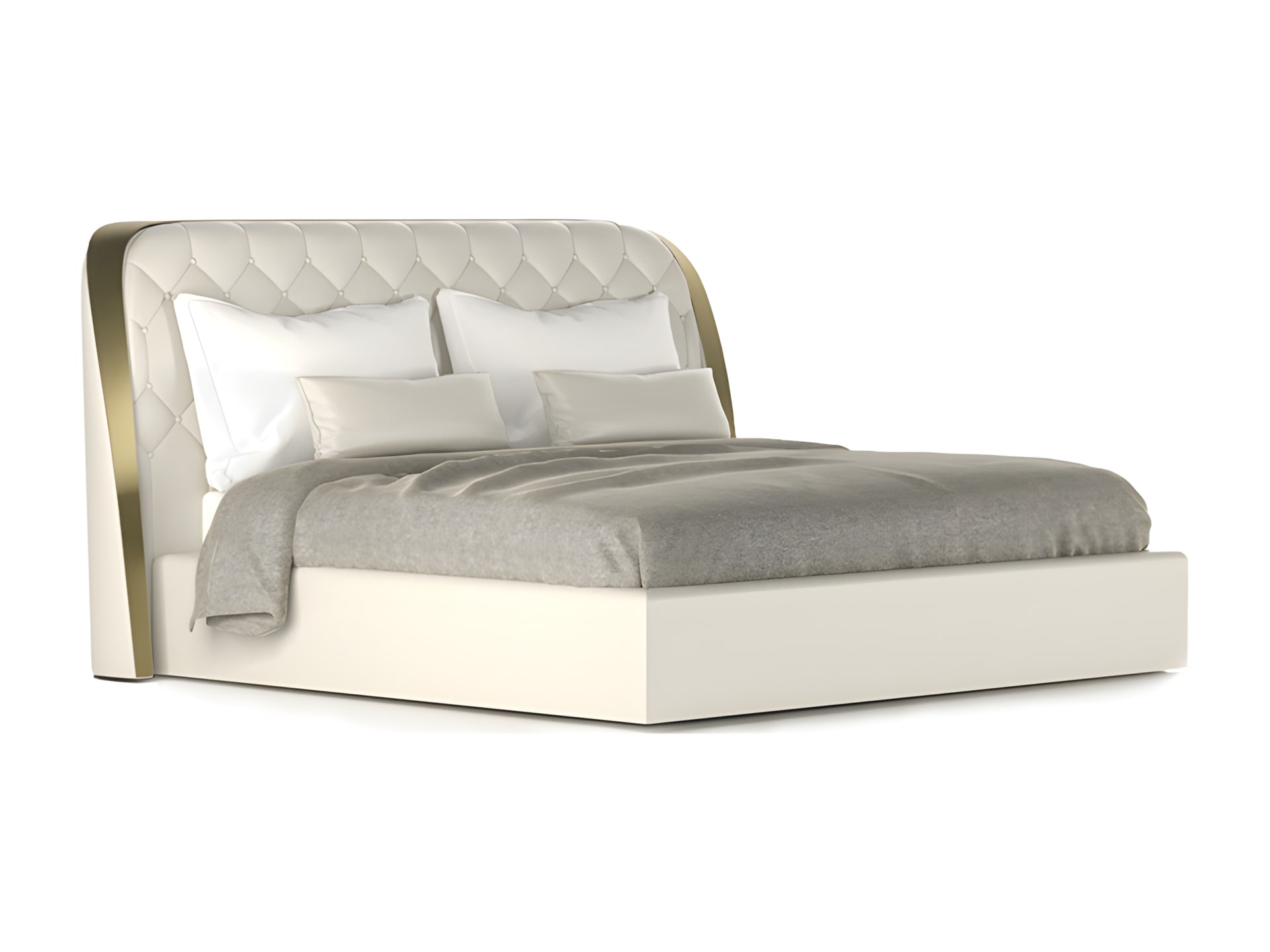 Damasse bed | Rugiano. Luxurious upholstered bed with a distinctive geometric headboard and sturdy metal frame.