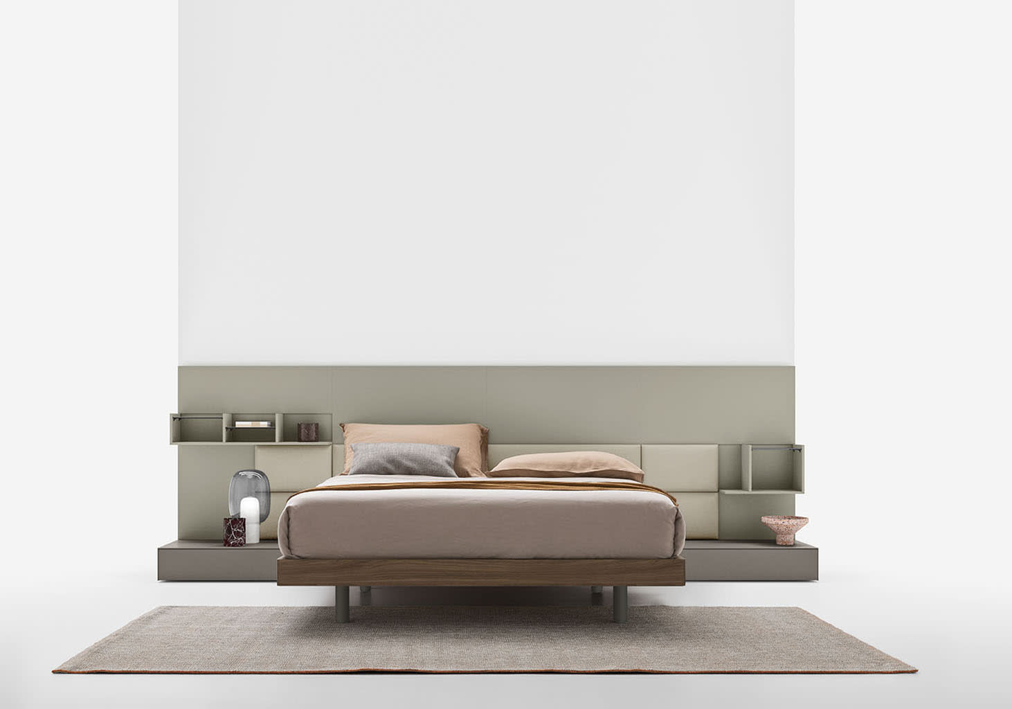Fil bedside table | ALF Dafre. Modular storage units with minimalist design, versatile mounting, and dual opening mechanisms.