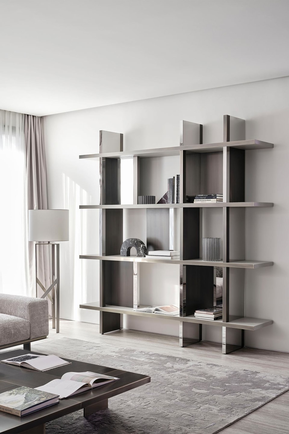 Asia High bookcase | Rugiano. Modular luxury shelving system with metal or upholstered structure and leather shelves, featuring optional compartment doors.