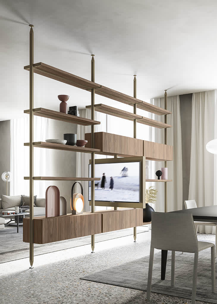 Antis bookcase | ALF Dafre. Modular living area system with adjustable elements and unique, hole-free aluminum uprights for versatile configuration.
