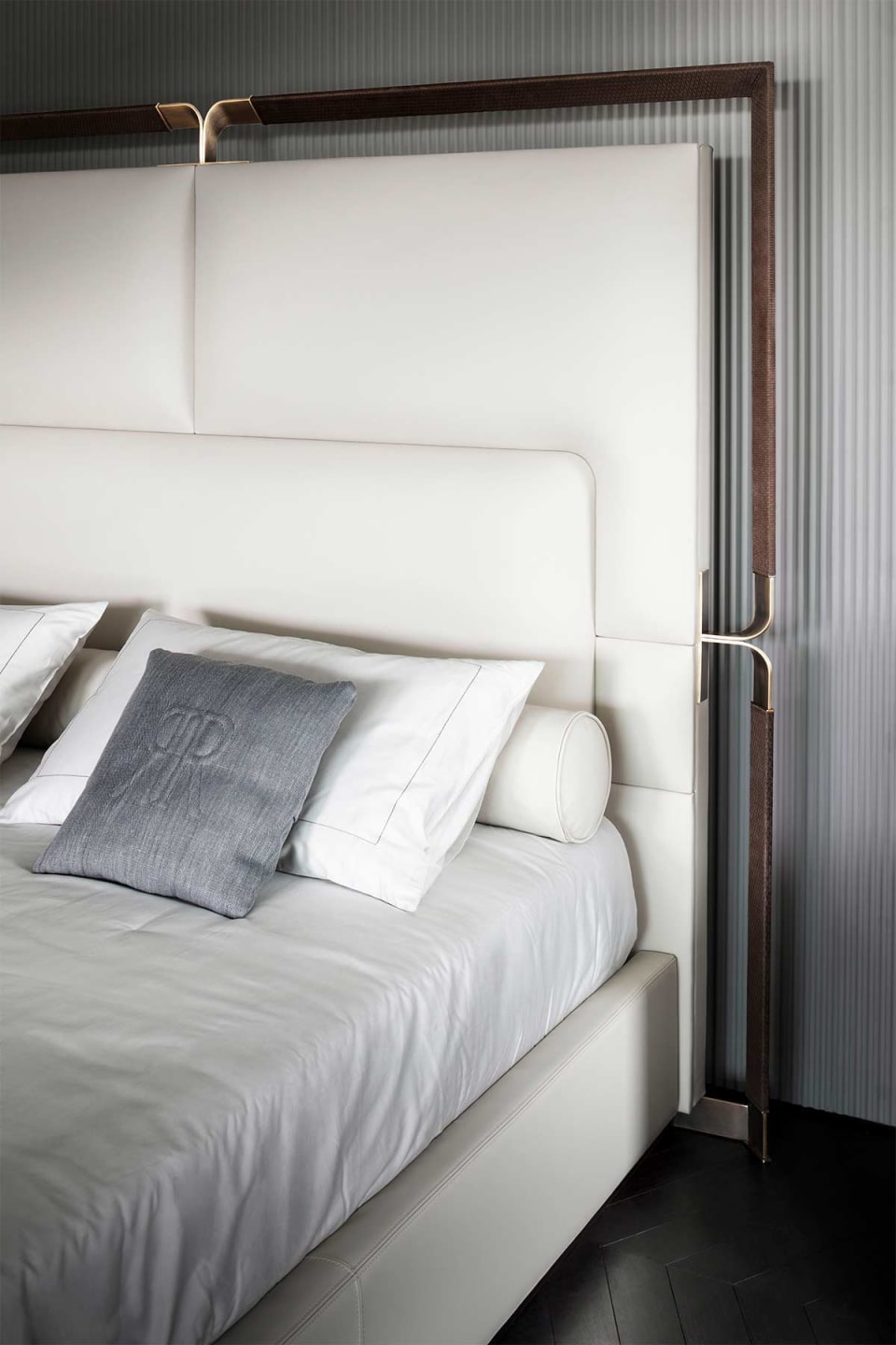 Grace bed | Rugiano. Luxurious upholstered bed with elegant metal details, offering supreme comfort and sophisticated design.
