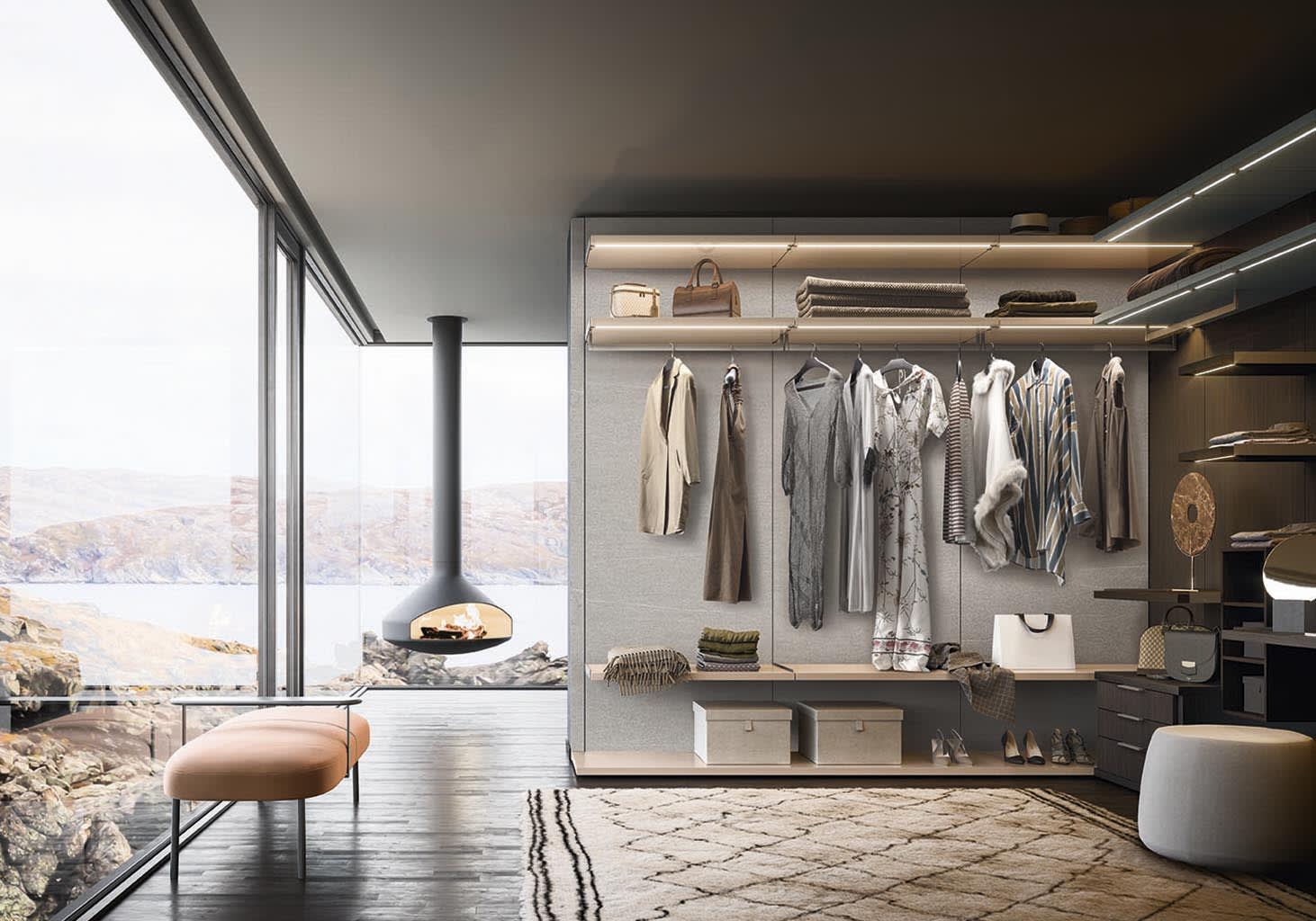 Store closet | ALF Dafre. Modular walk-in wardrobe system with a wide range of elements for perfect organization and personalized design.