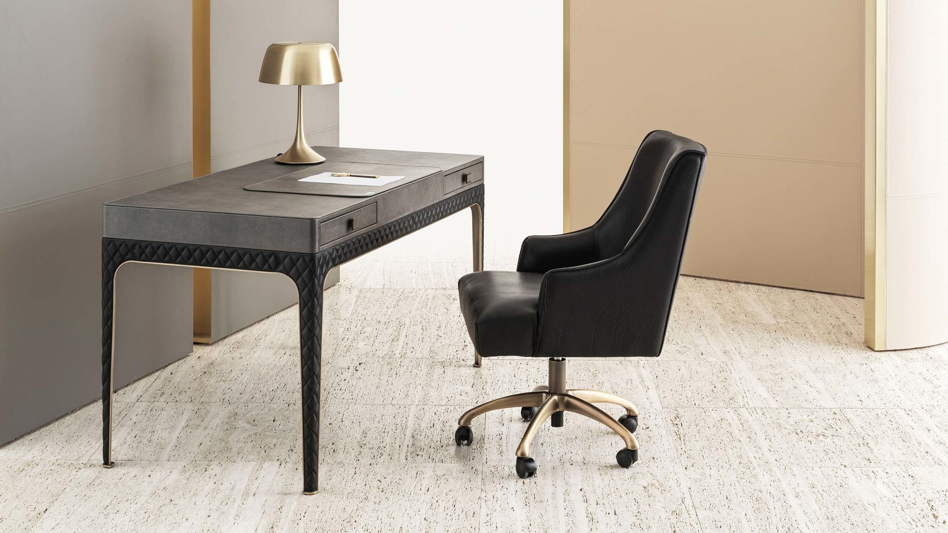 Coline writing desk | Rugiano. Elegant desk with two comfortable drawers and intricate embroidered details.