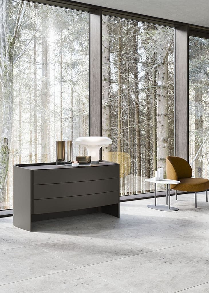 Adj bedside table | ALF Dafre. Elegant bedroom storage units with rounded, seamless design, creating harmony and fluidity.