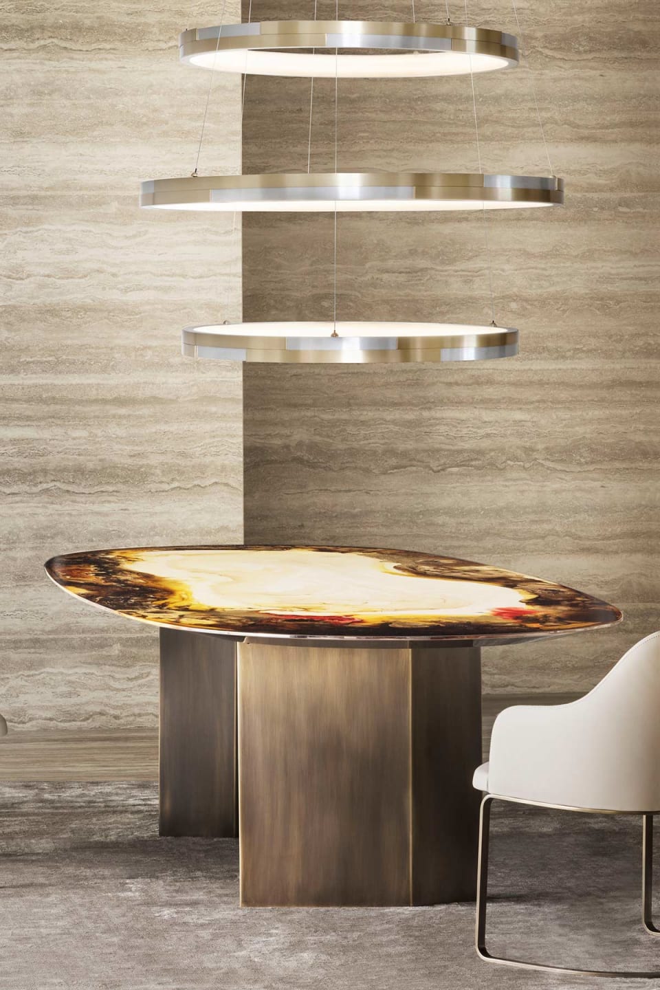 Pedro table | Rugiano. An exquisite table featuring a sculptural bronze base and a versatile top in marble, wood, or hand-painted finishes.