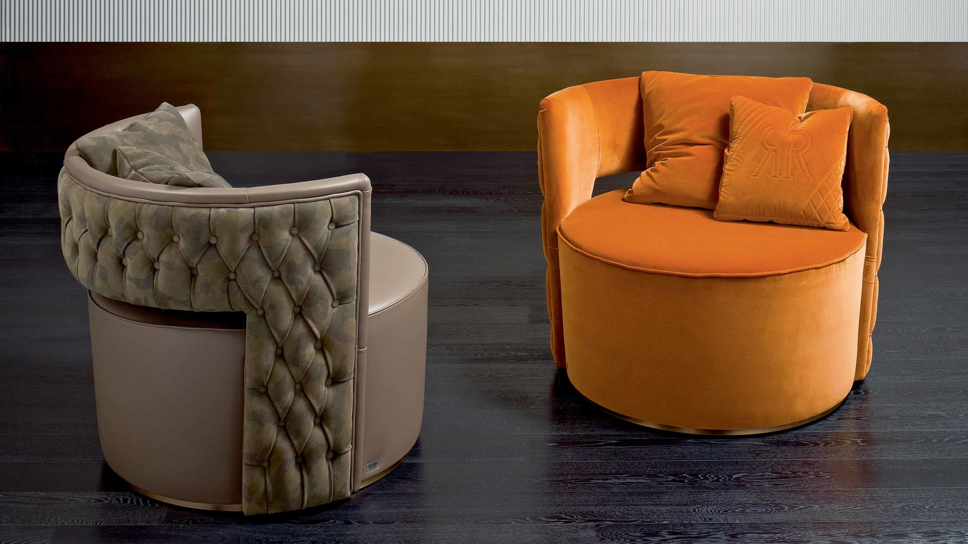 Giotto armchair | Rugiano. Elegant pouf/armchair with unique moulded backrest, available in plain or tufted upholstery.