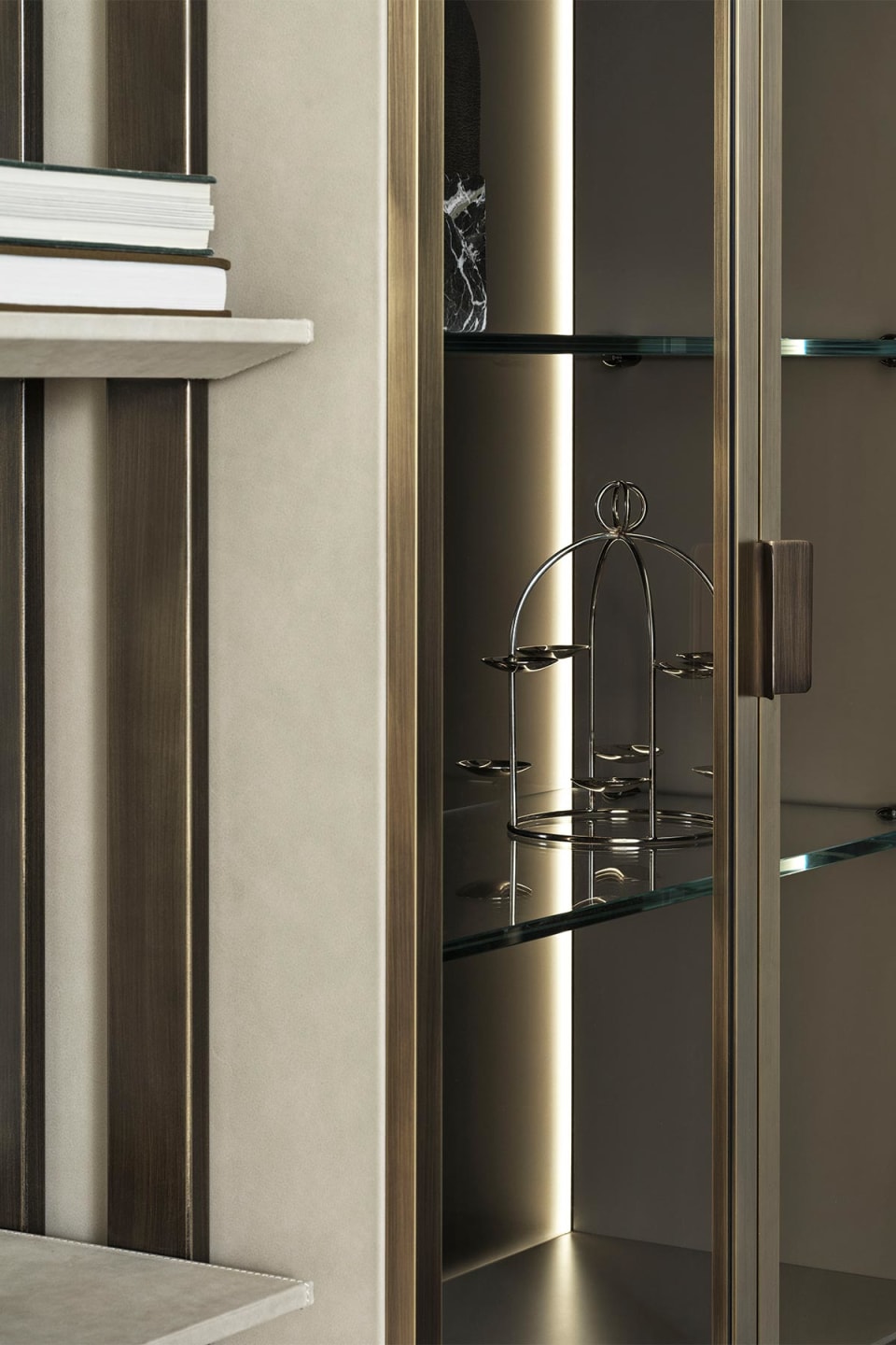 Frame Glass bookcase | Rugiano. Sophisticated modular shelving system with a sleek metal frame, offering luxurious marble or leather shelves and versatile storage options.