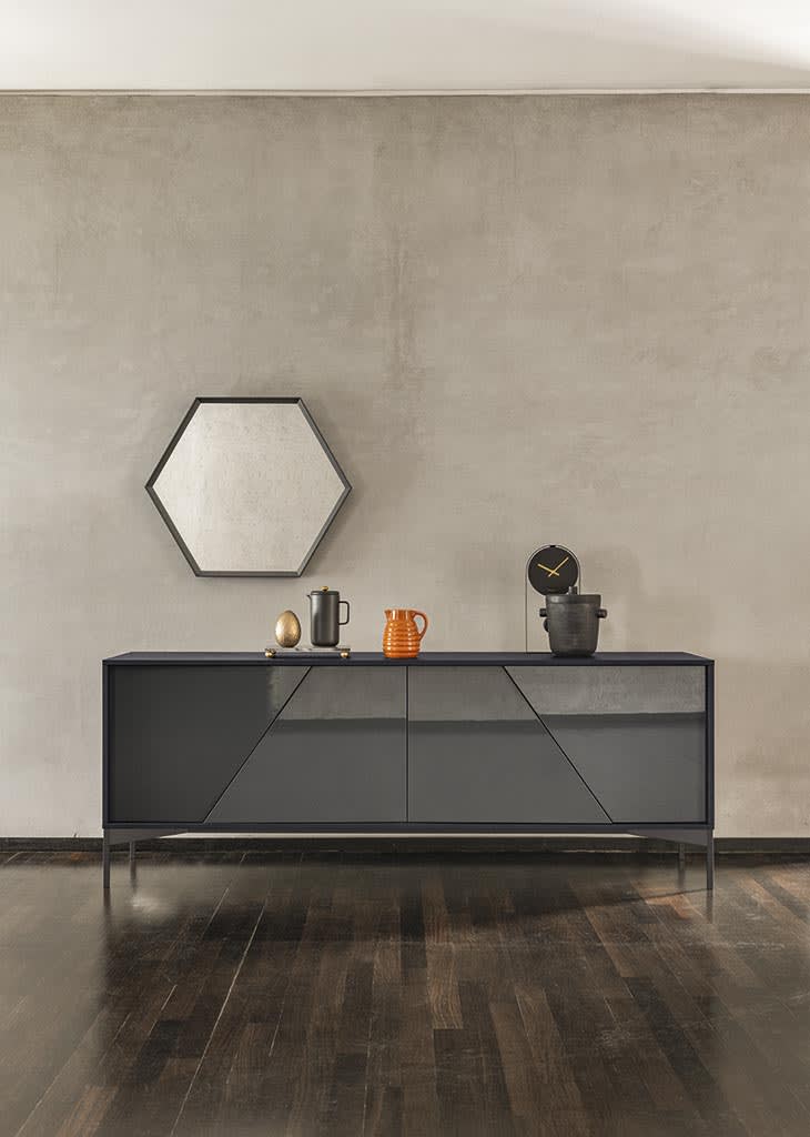 Kendo sideboard | ALF Dafre. Sideboard with unique geometric doors creating a light and shadow effect, available in various finishes.