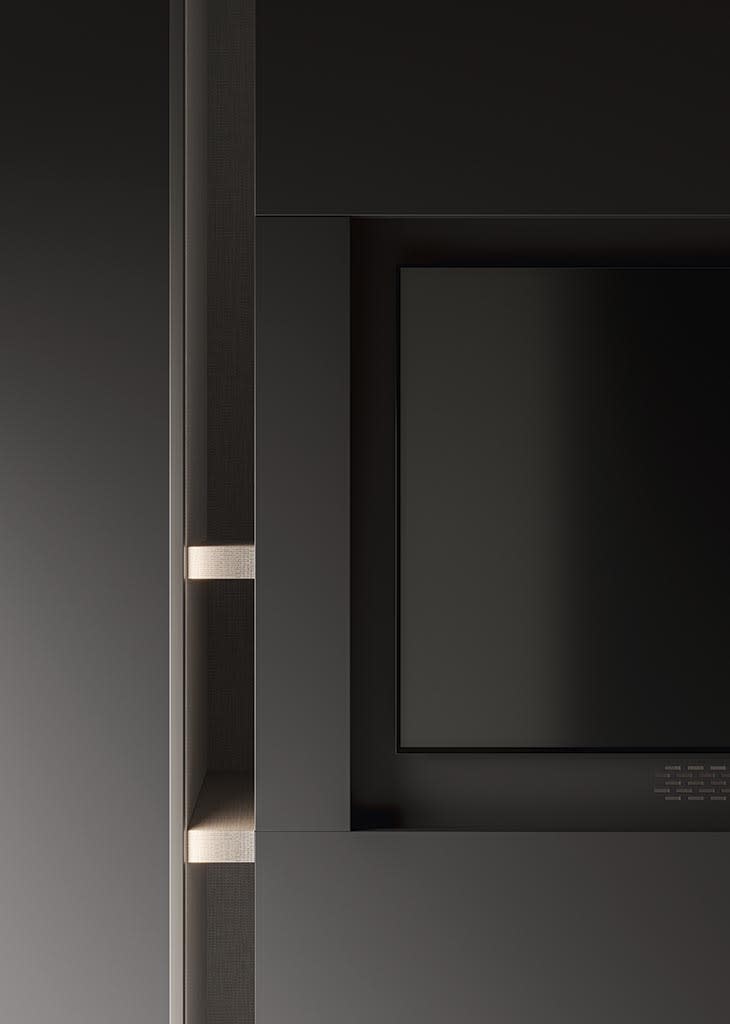 Television Sliding Door wardrobe | ALF Dafre. Elegant bedroom unit with sliding doors, discreetly housing a TV for a seamless modern interior.