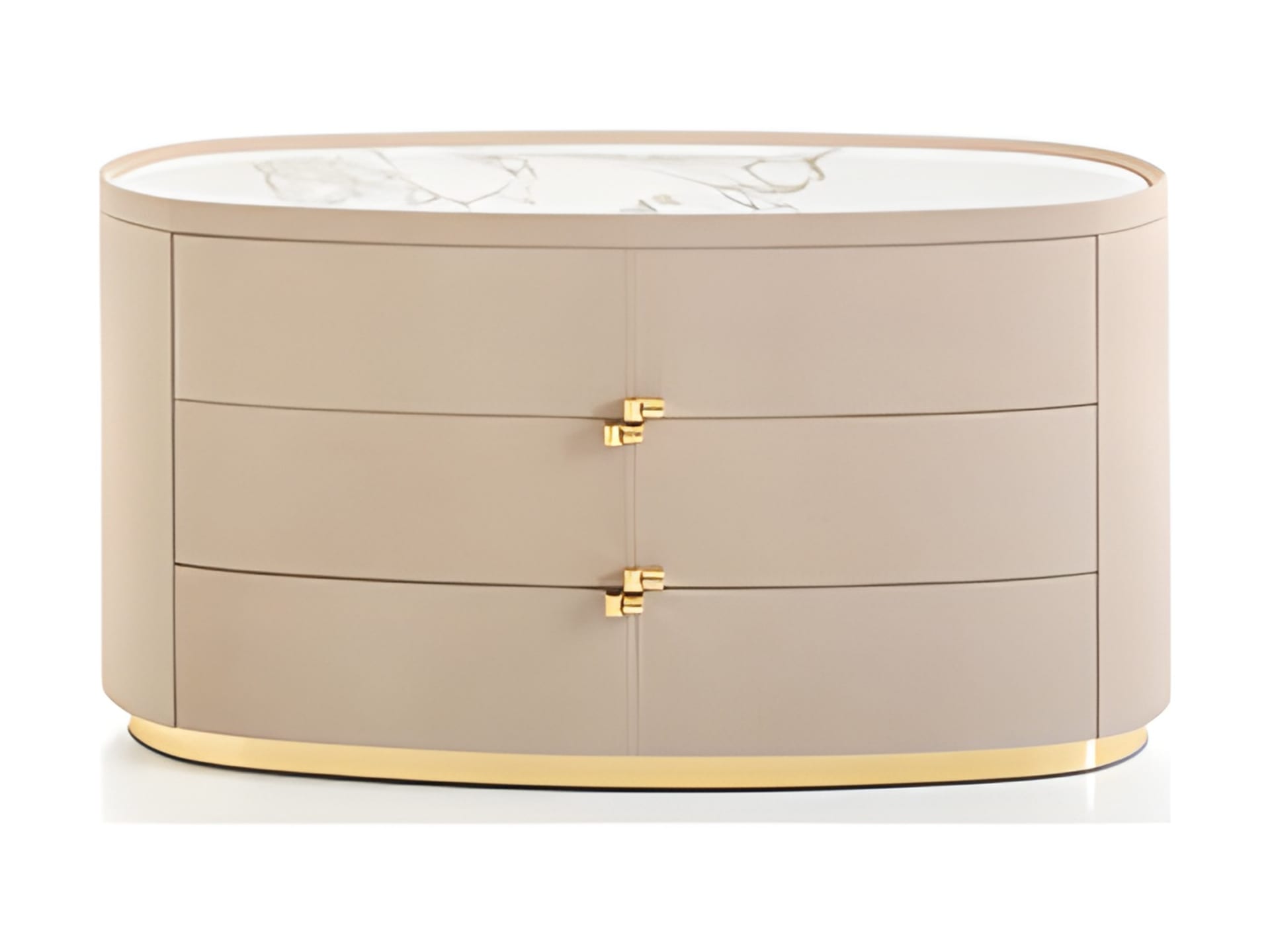 Boheme chest of drawers | Rugiano. Luxurious chest of drawers with three leather-upholstered drawers, a sophisticated marble top, and elegant gloss brass accents.