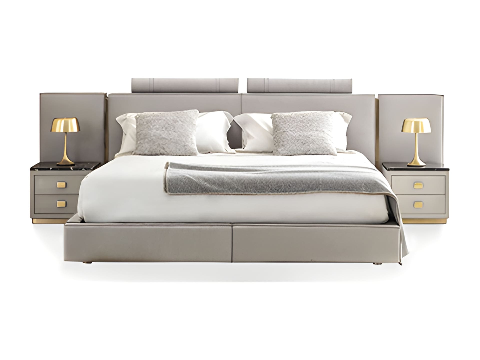 Rubik Big bed | Rugiano. Luxurious upholstered bed with striking metal accents and a bold headboard design.