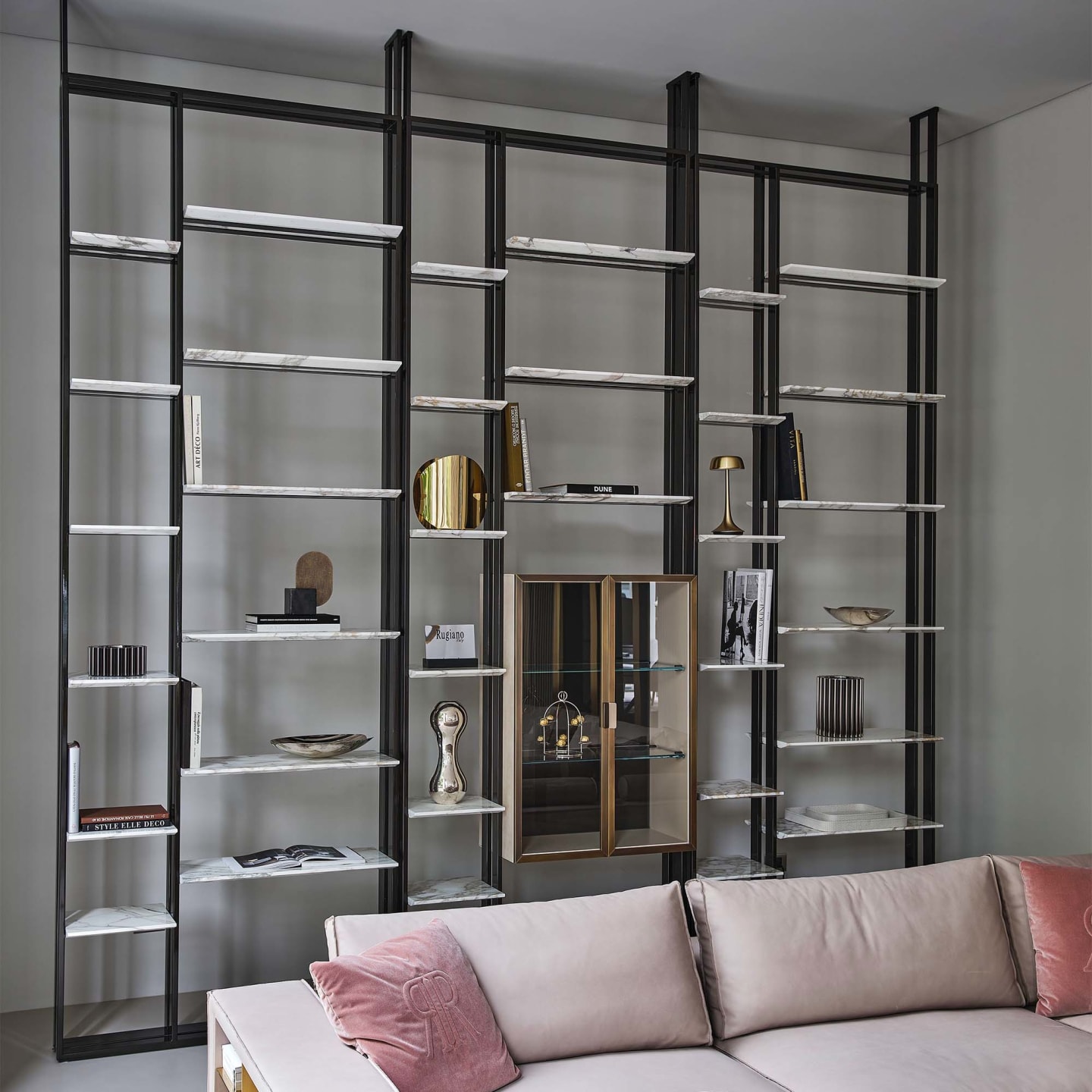 Frame Glass bookcase | Rugiano. Sophisticated modular shelving system with a sleek metal frame, offering luxurious marble or leather shelves and versatile storage options.