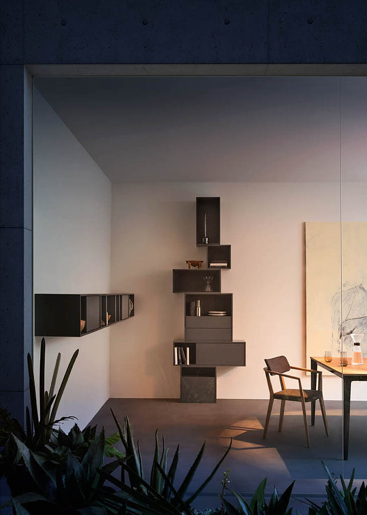 Domino shelving unit | ALF Dafre. Flexible modular system for creating custom wall-mounted compositions with open compartments, doors, and drawers.