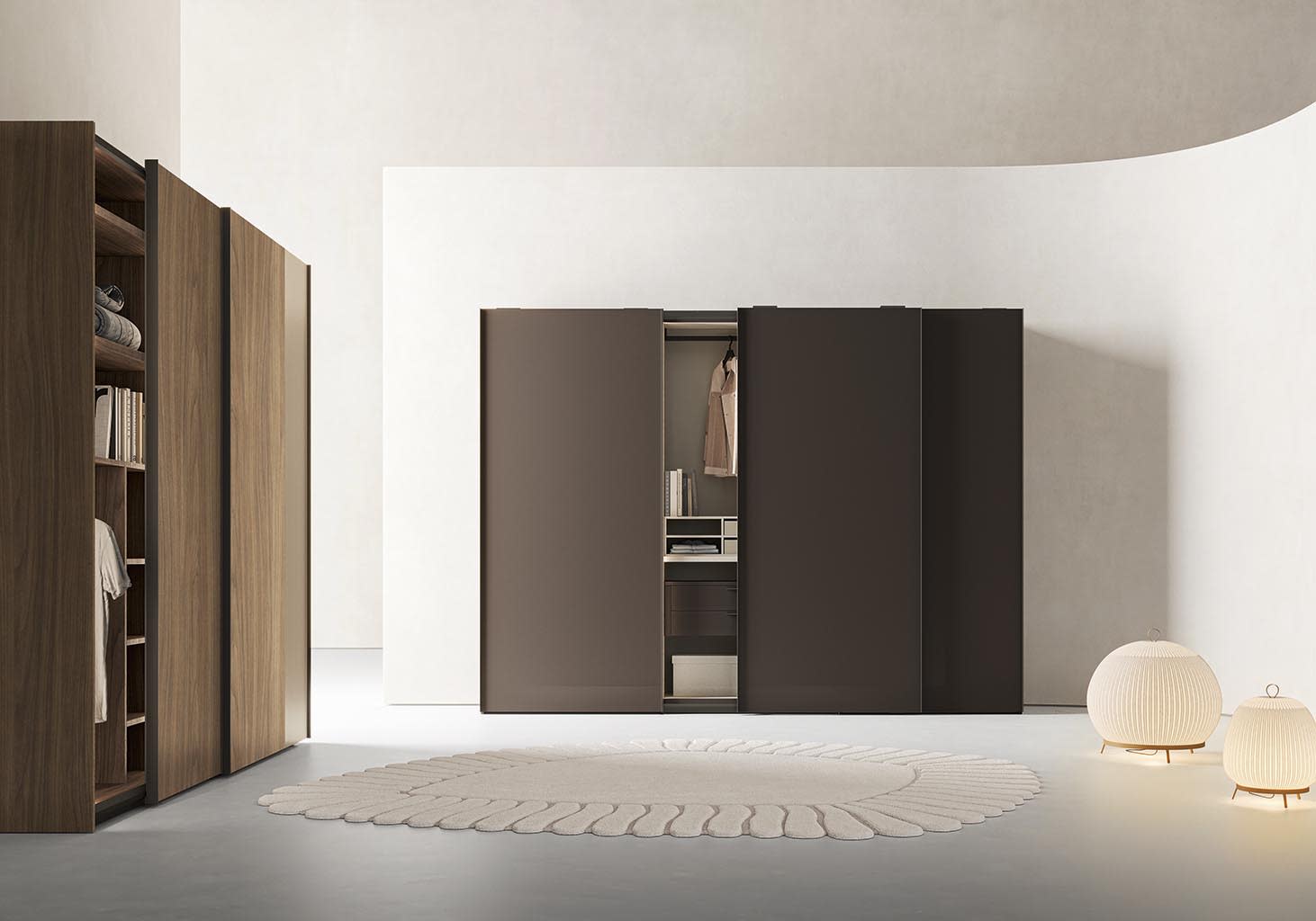 Costanza storage wall | ALF Dafre. Elegant sliding door with minimalist design for modern zoning and storage systems.