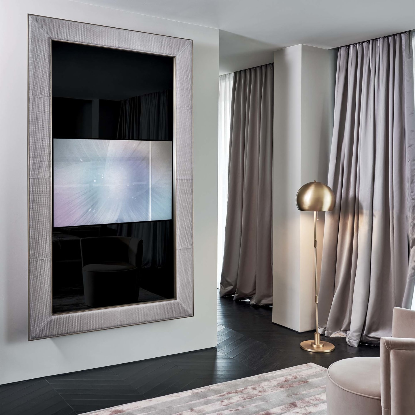Ghost tv furniture | Rugiano. Upholstered TV cabinet with integrated media mirror and elegant metal detailing.