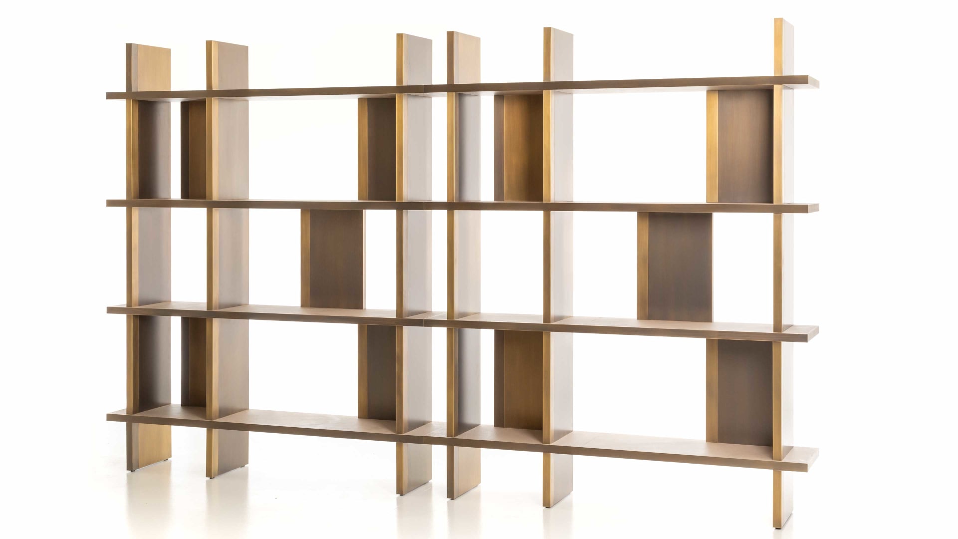 Asia High bookcase | Rugiano. Modular luxury shelving system with metal or upholstered structure and leather shelves, featuring optional compartment doors.
