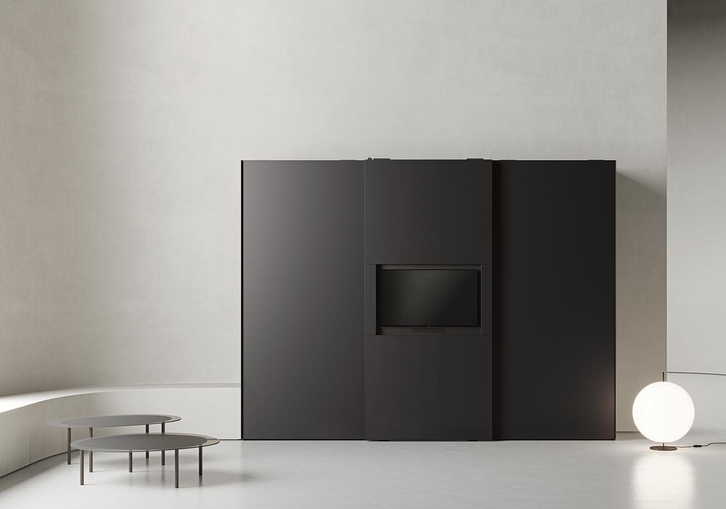 Television Sliding Door wardrobe | ALF Dafre. Elegant bedroom unit with sliding doors, discreetly housing a TV for a seamless modern interior.