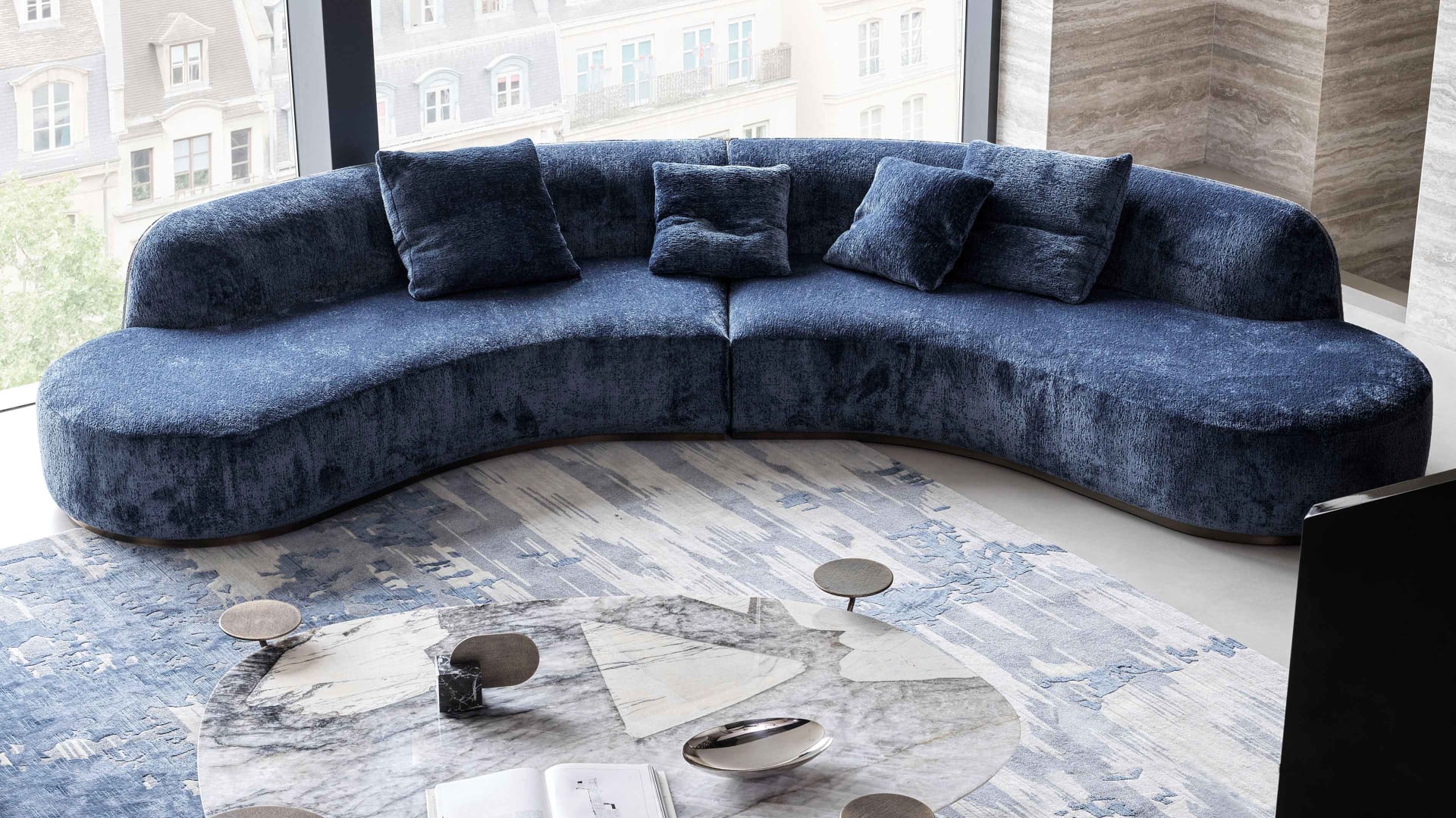 Pierre sofa | Rugiano. Modular sofa with curved and linear elements, offering endless unique and sinuous configurations for sophisticated interiors.