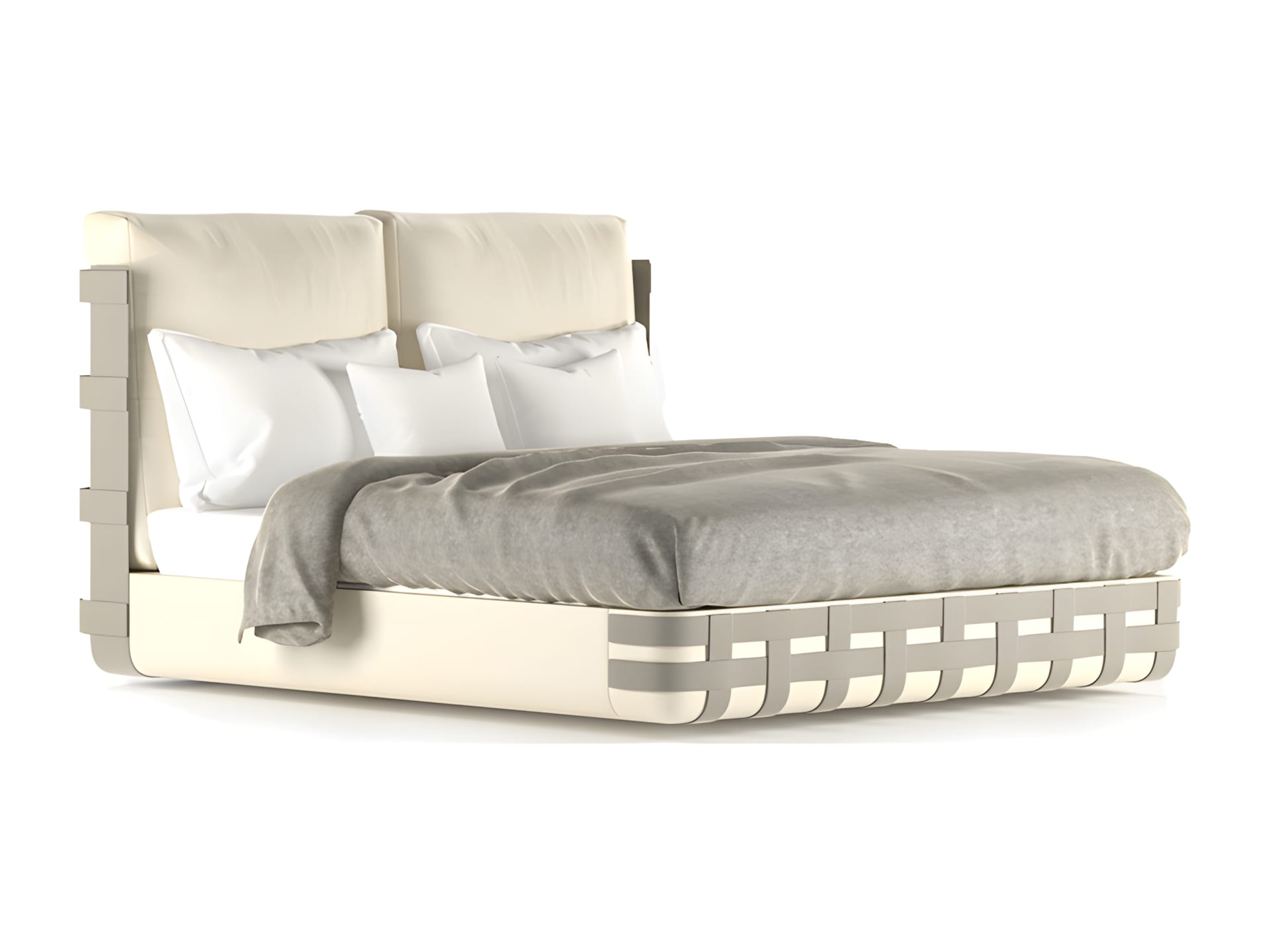 Braid bed | Rugiano. A luxurious bed featuring an intricately woven base and a high upholstered headboard, offering unparalleled comfort and modern elegance.