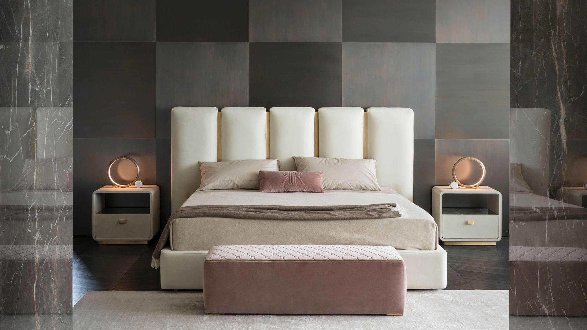 Club bed | Rugiano. Luxurious bed with upholstered headboard featuring brushed metal and leather details, creating a sophisticated aesthetic.