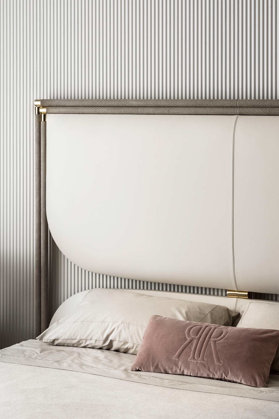 Boheme bed | Rugiano. Elegant bed with upholstered leather headboard and metal frame, blending luxury with modern comfort.